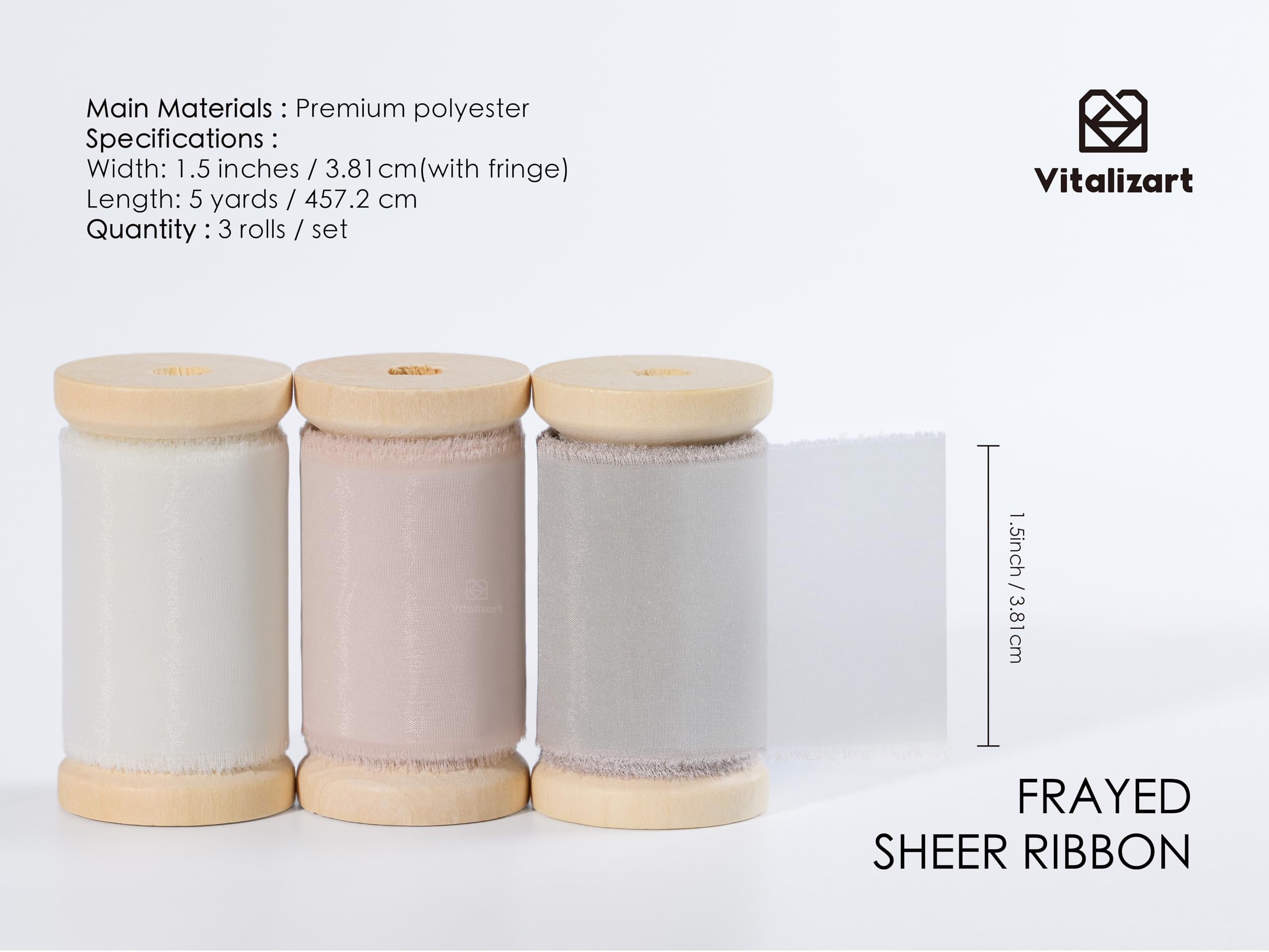 Vitalizart Organza Ribbon Frayed Sheer Organza White Pink Grey Set 1.5" Silk Like Ribbons for Valentines Day Gift Wrapping Craft Flower Bouquet Wedding Invitations Mesh Fabric 15 Yards