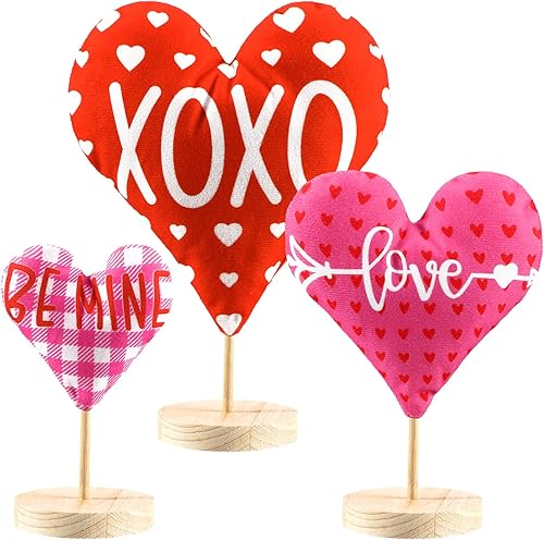 3 piezas de adornos de corazón de tela para el día de San Valentín, letrero de amor de madera Love Be Mine para chimenea, decoración rústica