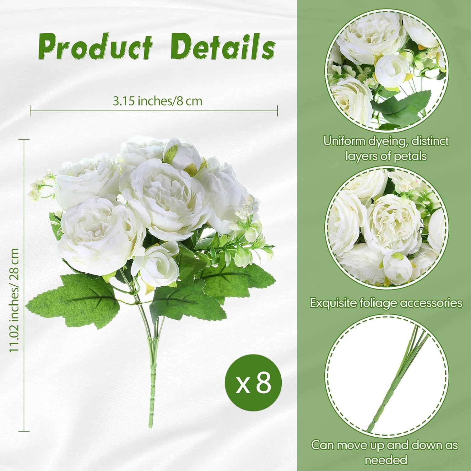 geosar 8 bundles artificial peonies flowers fake silk peony bouquet faux peonies flowers bulk for decoration vase floral arrangements wedding party table (white) green, white 8