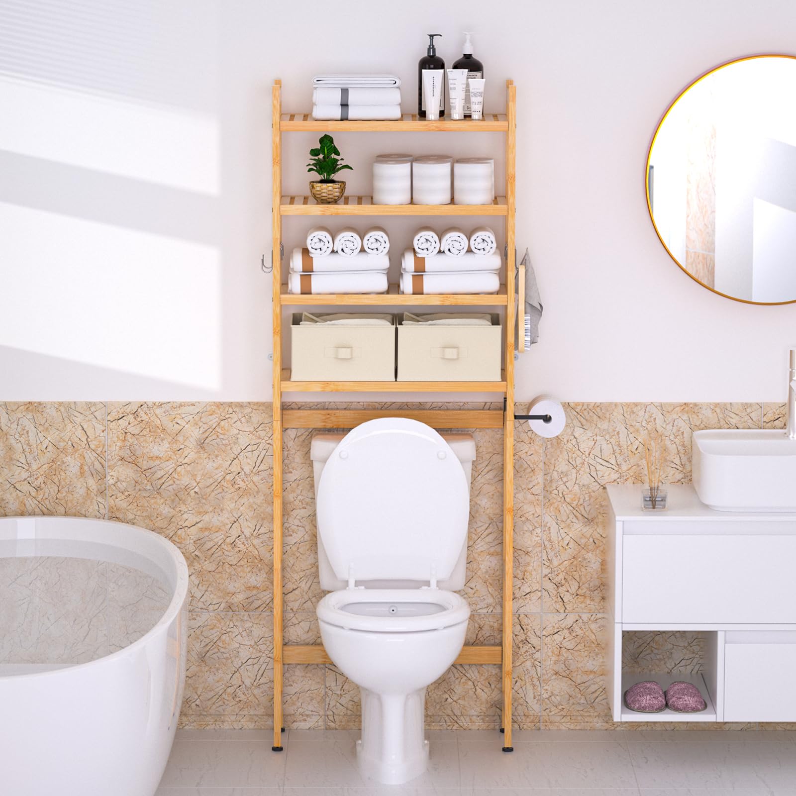 4 Etages Toiletrek Yorbay Bamboe Toiletrek Met 2 Manden - 4 Etages Opbergrek Boven Het Toilet Met Papierhouder Badkamer Organisatie 4 Etages Toiletrek Yorbay Bamboe Toiletrek Met 2 Manden - 4 Etages Opbergrek Boven Het Toilet Met Papierhouder Badkamer Organisatie