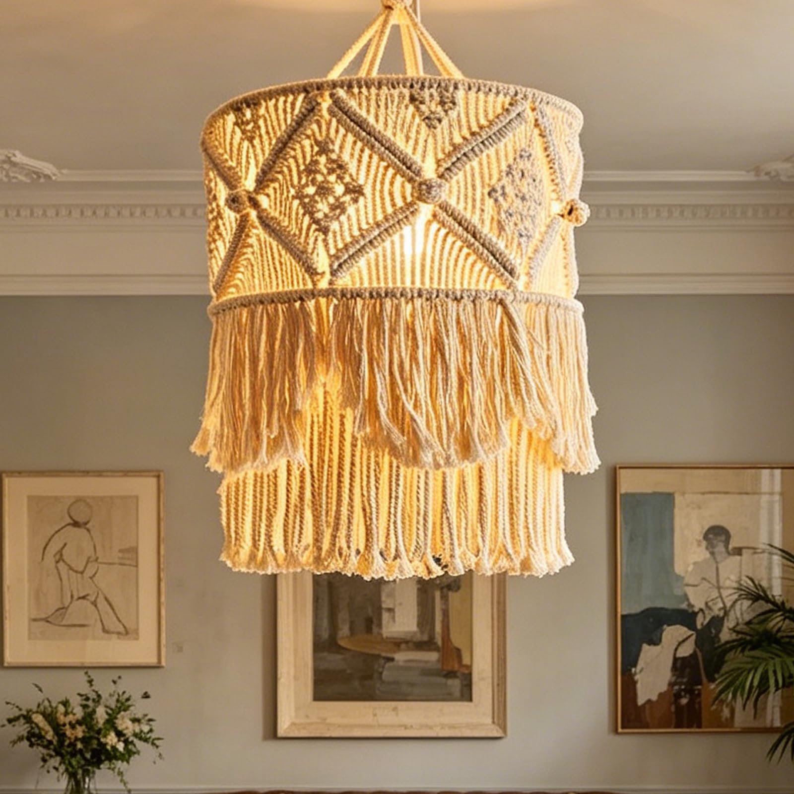 Makramee-Lampenschirm, Hand Gemachte Lampenschirm Zum Aufhängen, Makramee Lampenschirm, Boho Lampenschirm Zum Aufhängen Lampenschirms Böhmen Für Wohnzimmer Schlafzimmer Wanddeko