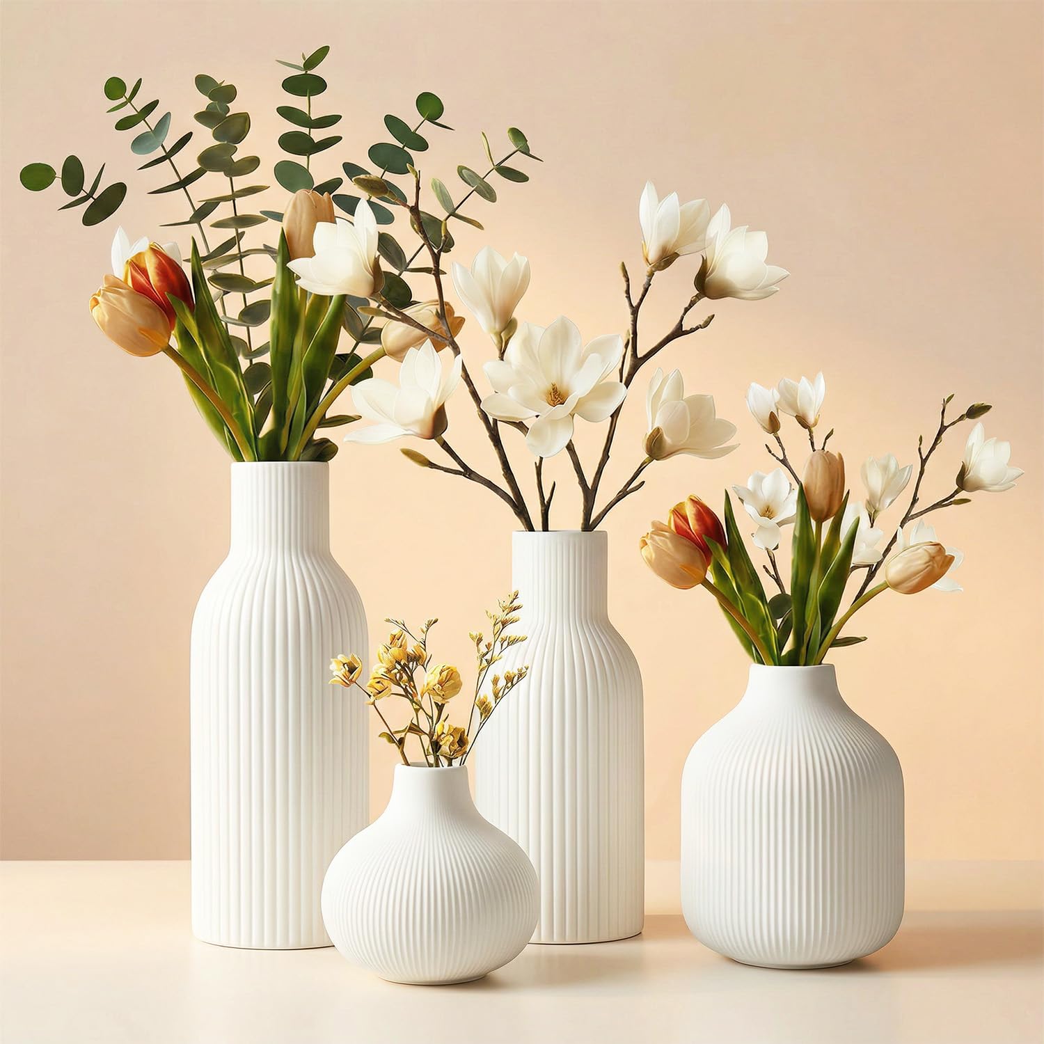 OFFASST Weiß Keramik Vasen | Iconic Home Vase für Pampasgras & Trockenblumen | Moderne Tischdeko | Neutral Boho Skandinavische Vase Hoch für Wohnzimmer