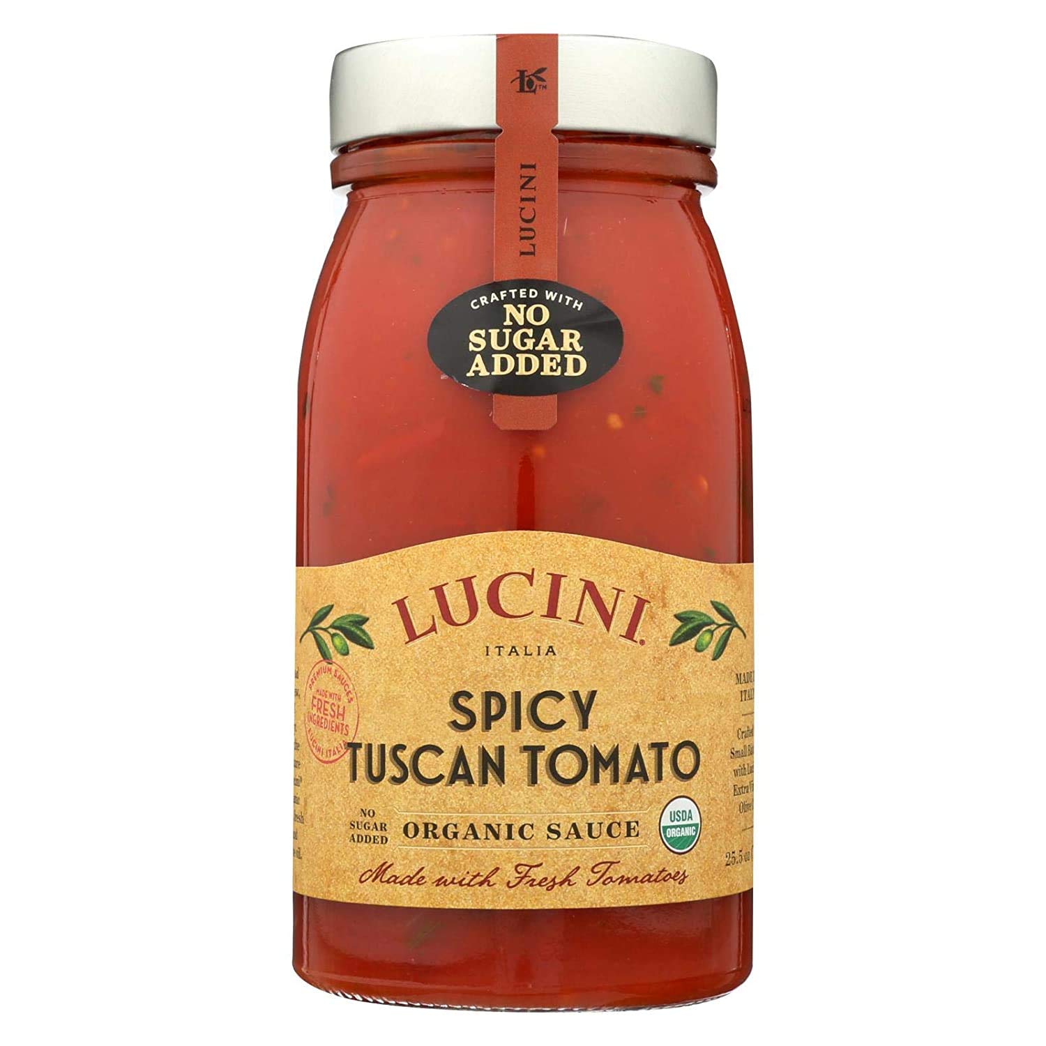 Lucini Italia Organic Spicy Tomato Sauce – Classic Italian Sauce in Glass Jar – Fresh Organic Tomatoes – Tuscan Tomato Sauce – No Sugar Added Pasta Sauce, 25oz (Pack 6)