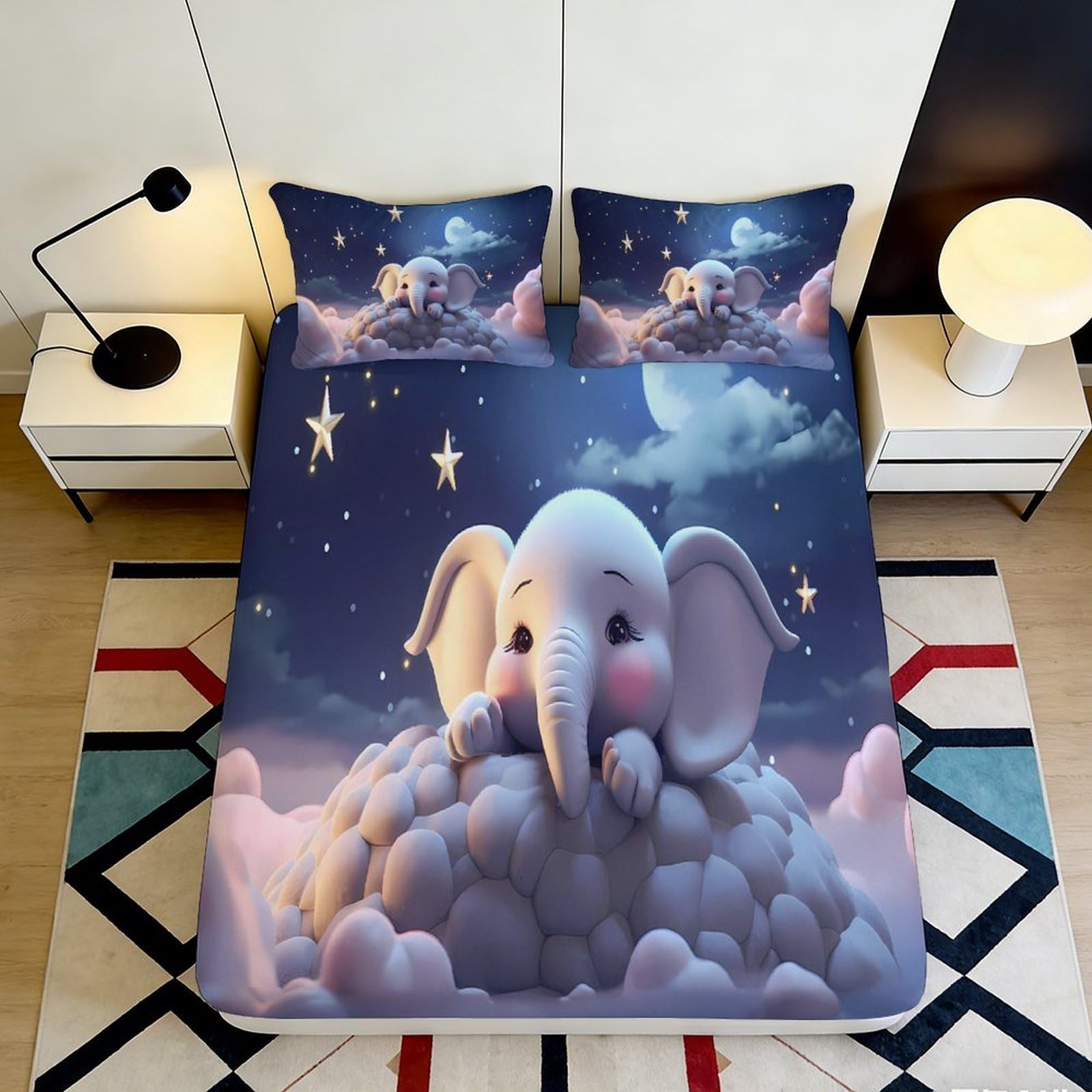 3D Printed Night Sky Elephant Fitted Sheet Microfiber Soft Bedding Moon Star Mattress Cover for Bedroom Dorm Decor 90x200x25cm