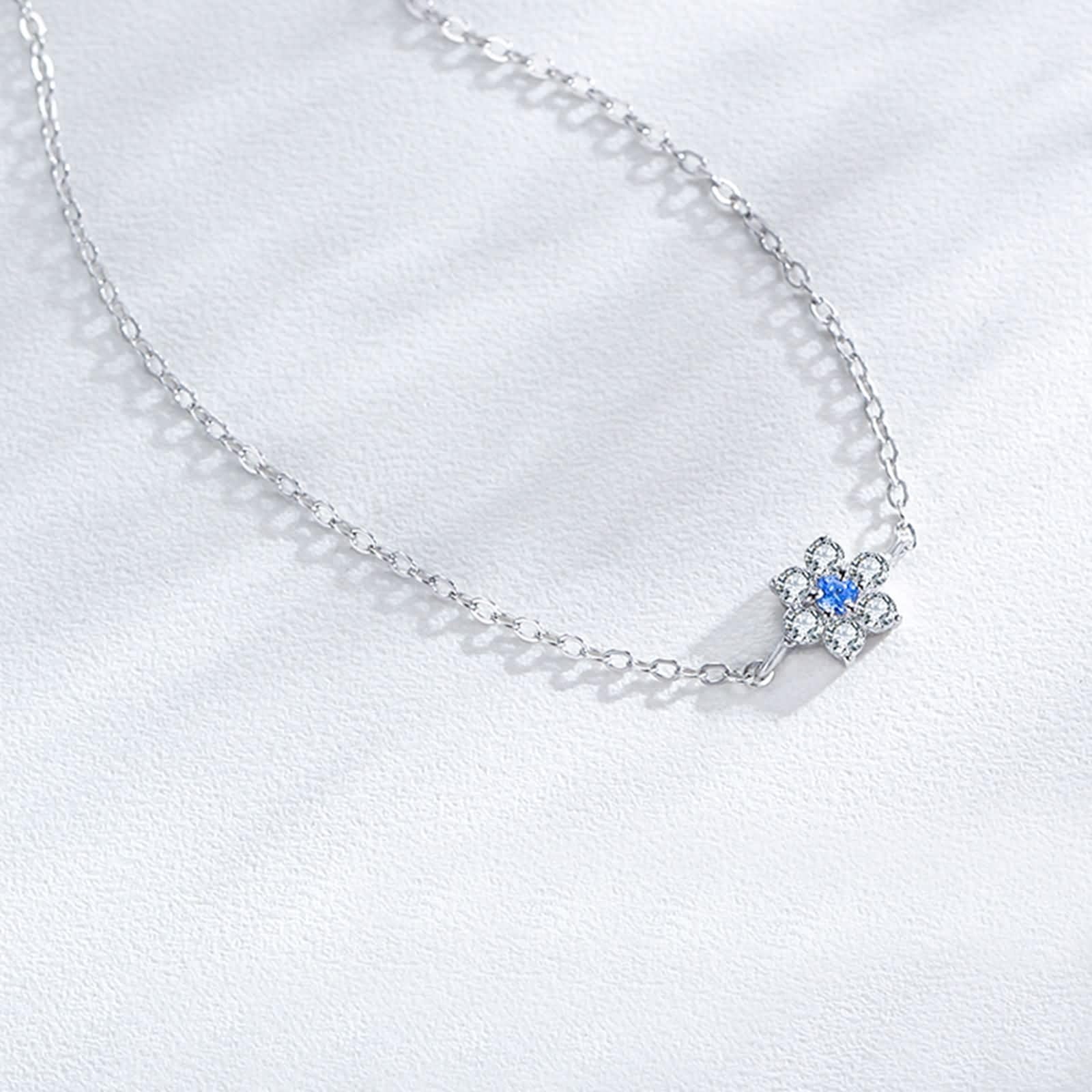 Pulseras Oro Blanco Mujer 9Kilates / 14Kilates / 18Kilates, Flor con Aguamarina y Diamante Creado, Cadena Extensible 16 CM + 5 CM, Pulsera de Mujer Ajustable Plata Azul Claro