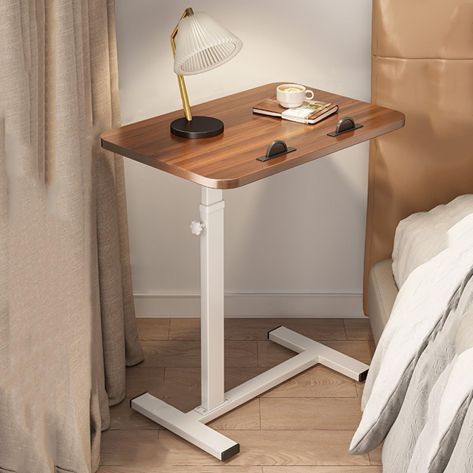 SXZenSpace Adjustable Small Mobile Standing Desk with Wheels Overbed Bedside Table for Hospital and Home Use Ergonomic Lifting Computer (White+Walnut)