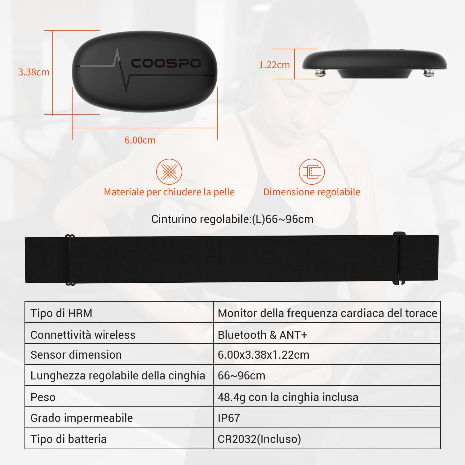 COOSPO Fascia toracica con cardiofrequenzimetro H6, Bluetooth ANT+ HRM, per corsa, ciclismo, palestra e sport