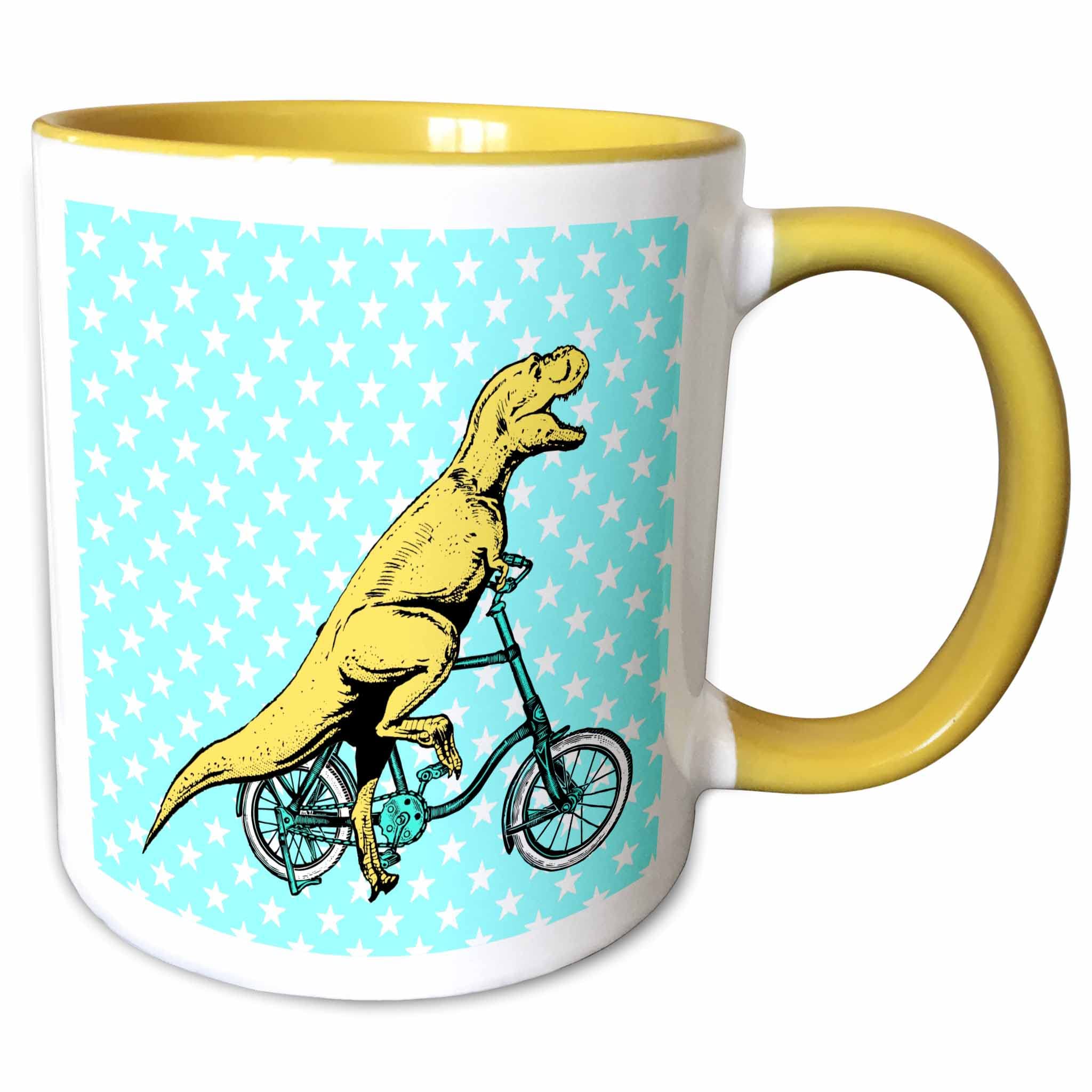 3dRose Yellow Dinosaur with Bike on Blue and White Starry Background 15oz Two-Tone Yellow Mug