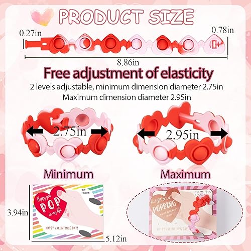 Miniatura 7 de Tarjetas de regalo para el día de San Valentín con pulsera Pop para niños pequeños y niños pequeños en el aula escolar – 24 pulseras de corazón para