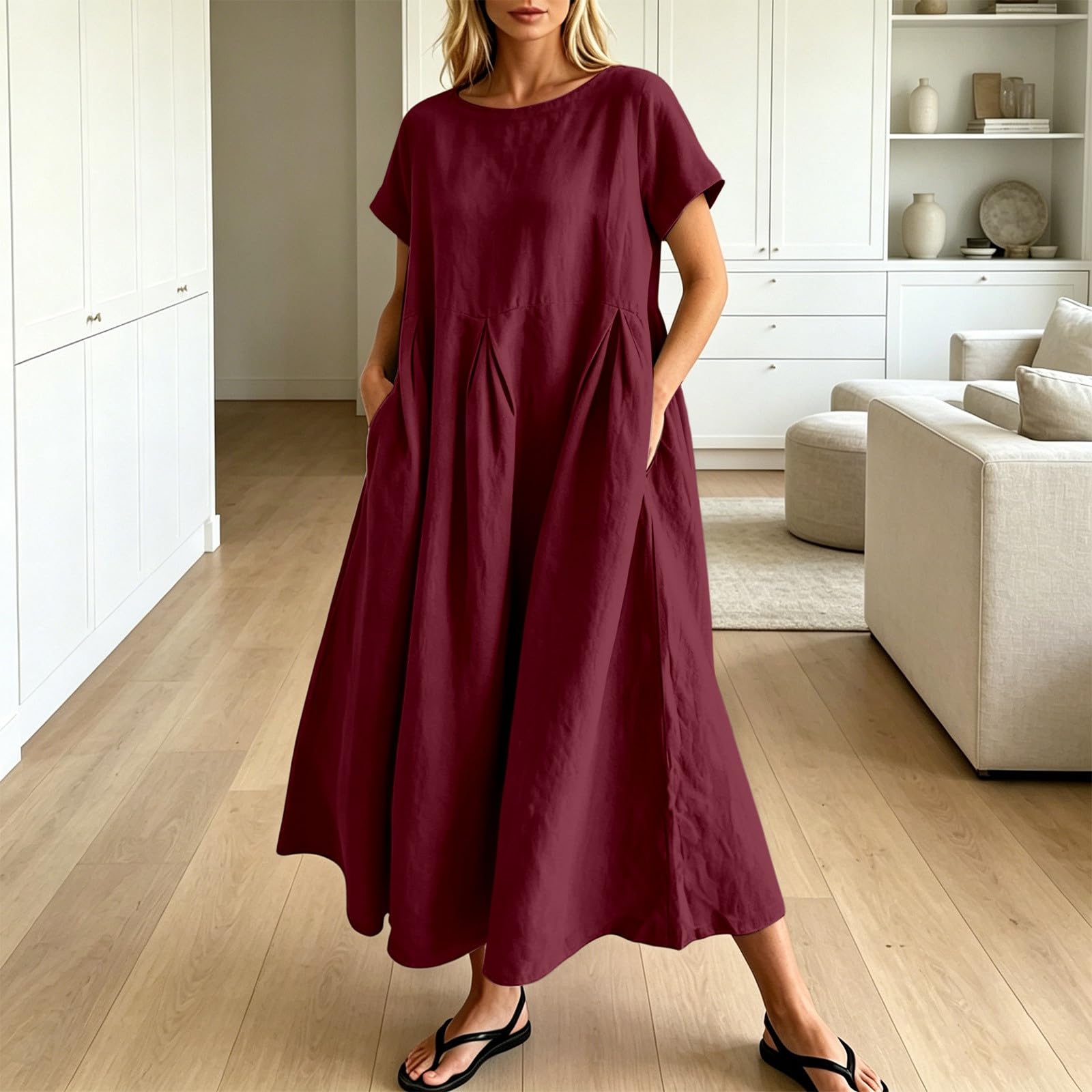 Vestido de verano para mujer, manga corta, cuello redondo, ligero, de algodón, lino, vestido de playa, línea A, vestido largo para primavera y verano