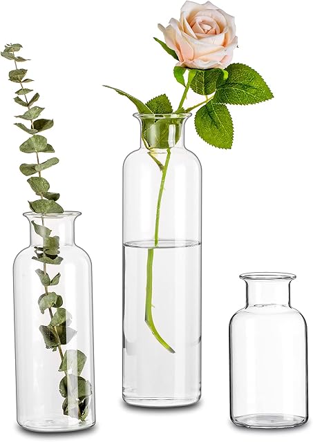 Glasseam Clear Handmade Glass Flower Vase, Set of 3 Decorative Bottle Vases for Pampas Grass Modern Narrow Neck Thin Tall Vase for Wedding Table Centerpiece Dining Living Room Ornaments Rose Tulip