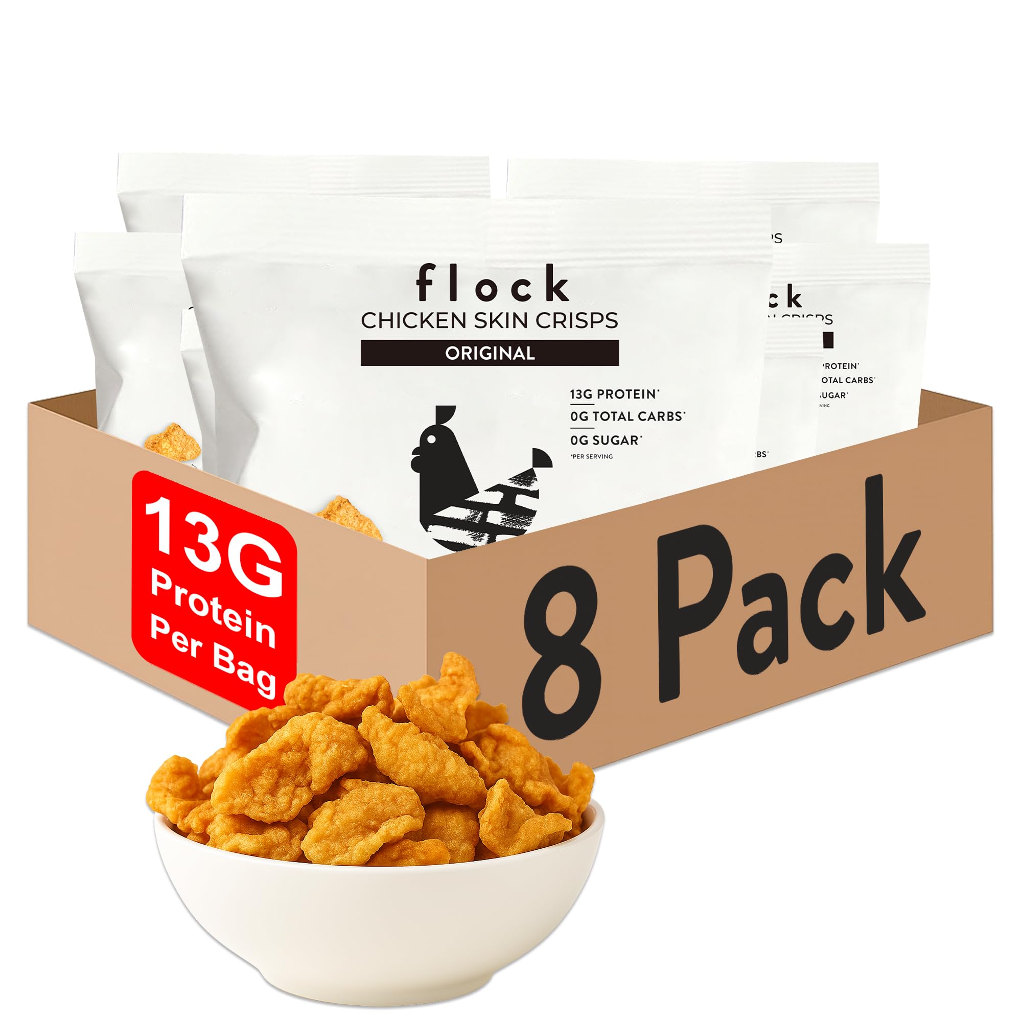 Keto Chicken Skin Chips – Original Flavor, Low Carb, High Protein, Gluten-Free Chicken Crisps, Keto Snack, Low Carb Chips, Protein Crackers, Diet Snacks, 8-Pack (1oz)