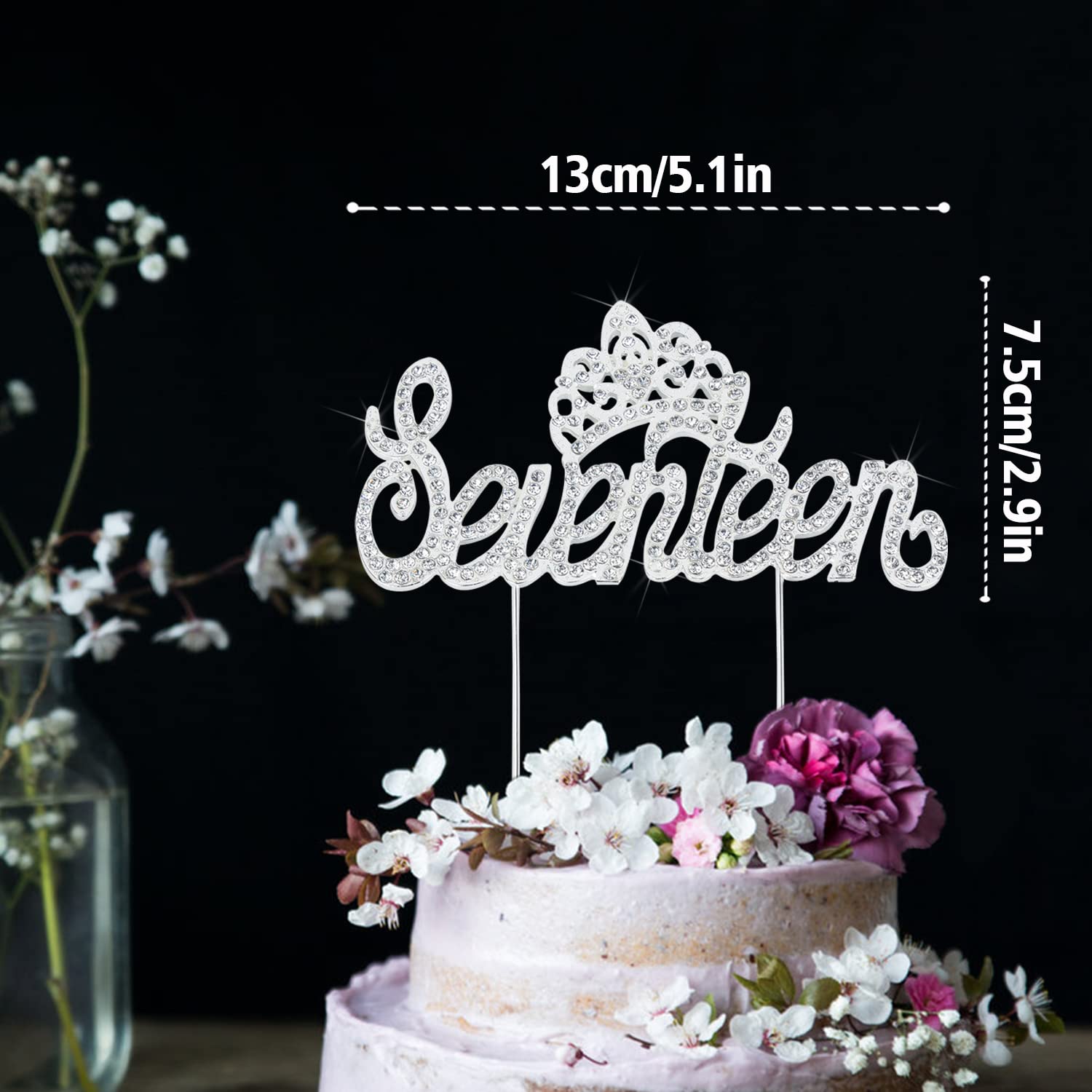 LINGTEER Seventeen Birthday Cake Topper with Crown Sign | Silver Bling Crystal Rhinestone Birthday Keepsake | Happy 17th Birthday Party Decorations Gift Supplies