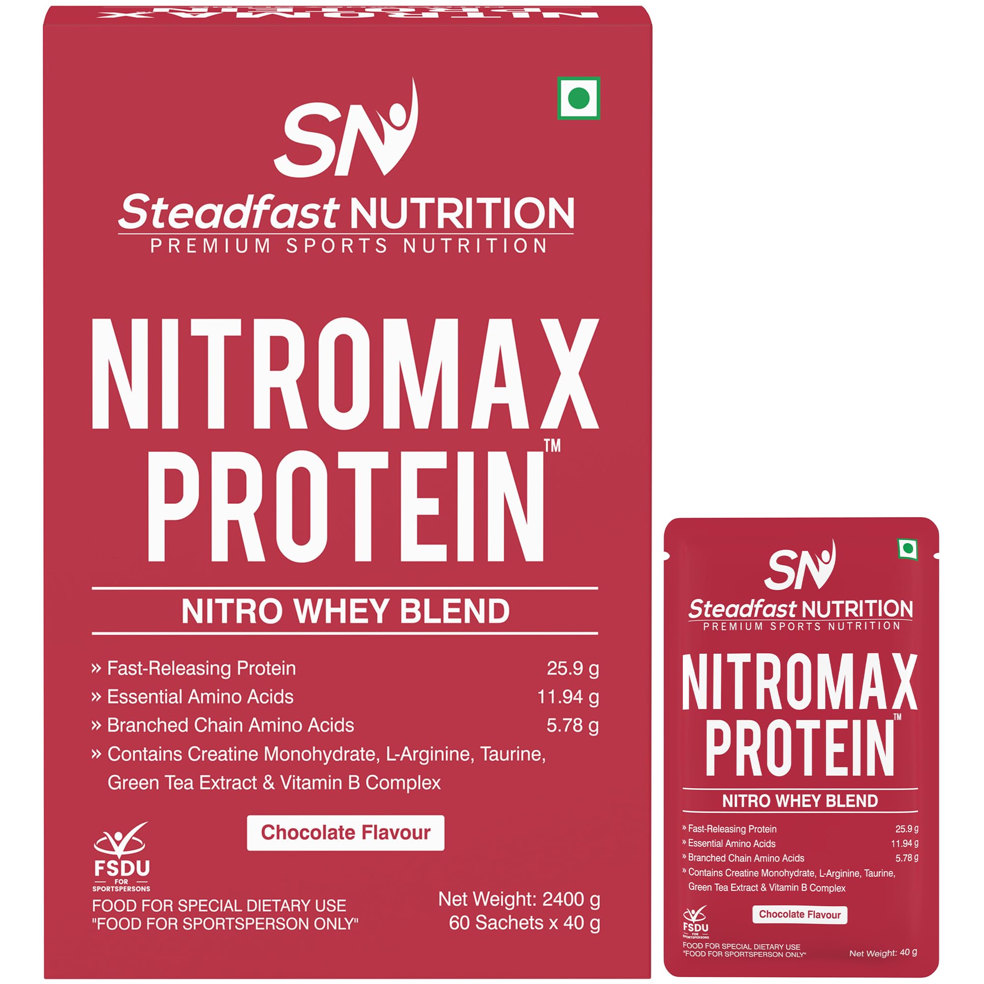 Sponsored Ad - Steadfast Nutrition Nitromax Protein |25.9g Fast Releasing Protein, 11.94g EAA, 5.78g BCAA per sachet | Increases Muscle pump, strength, Lean Muscle (60 Sachets, Chocolate) (FREE NEON SHAKER)