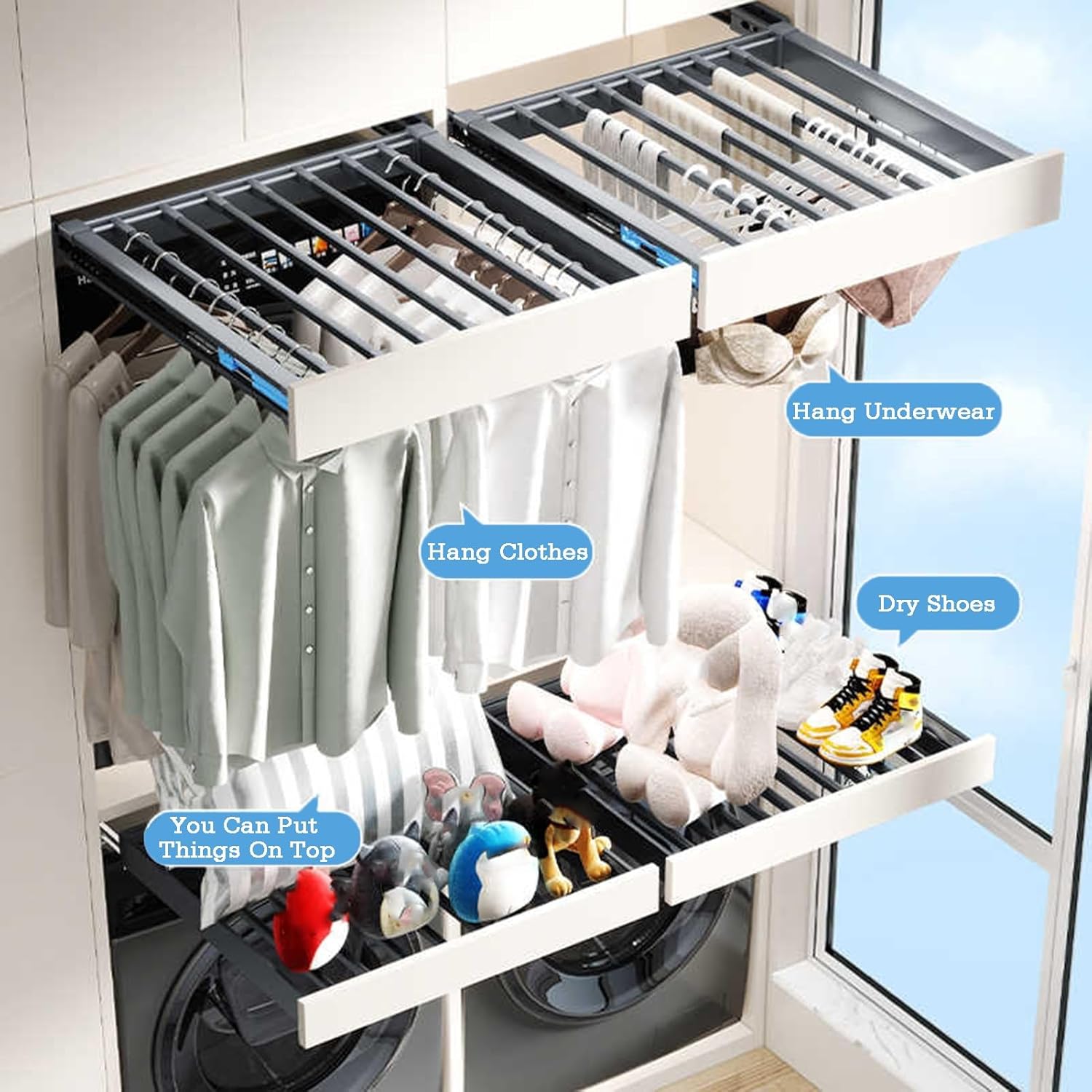 Clothes rail Pull Out Trousers Rack, Invisible Pull-Out Drying Above Washing Machine Wall-Mounted Adjustable Multiple Sizes(61.4-66.4)