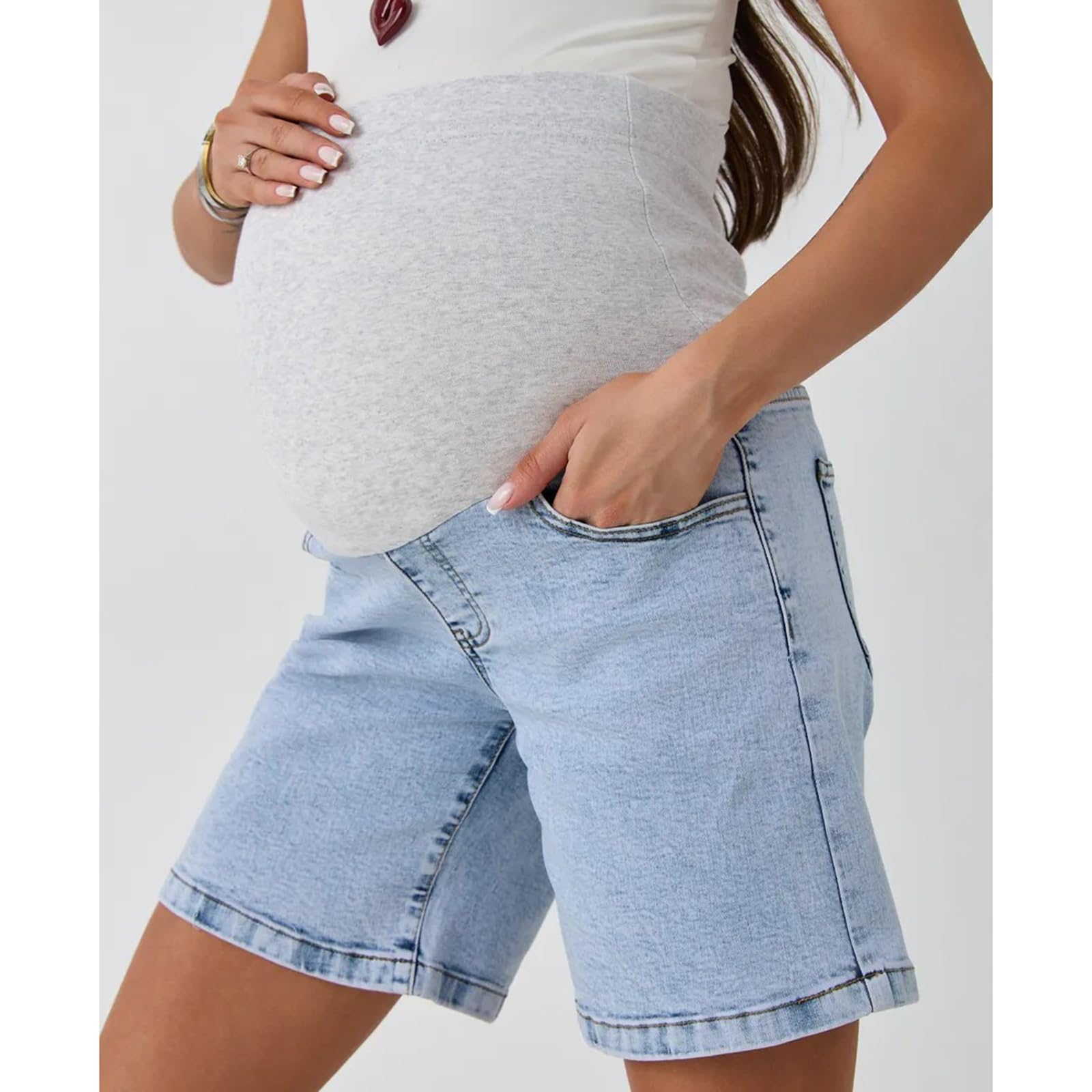 inhzoy Femme Pantalons Courts en Denim Shorts De Maternité Short De Denim De Maternité Polyvalent Au Dessus La Bosse Longueur Genou Travail