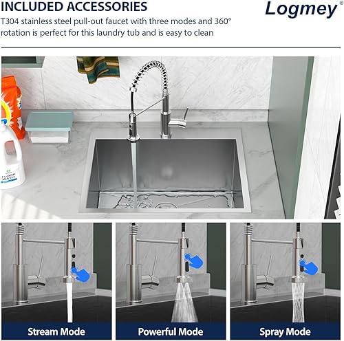 Vista 250 de Logmey Fregadero de cocina negro de 33 x 22 pulgadas, estación de trabajo SUS304, calibre 16, acero inoxidable, cuenco individual, montaje superior