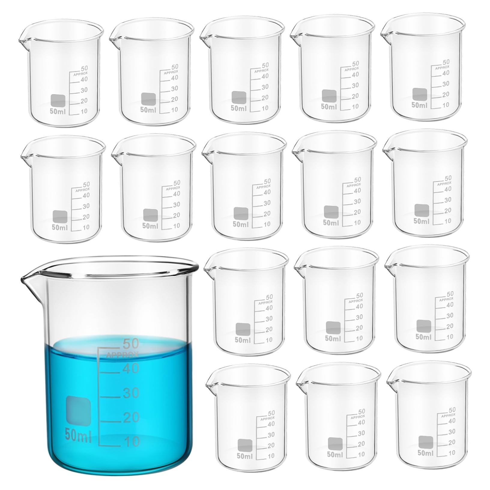 Vasos Medidores De Vidrio Transparente 50 Ml Sin Asa 20 Unidades Graduación Precisa Para Laboratorio y Experimentos Científicos