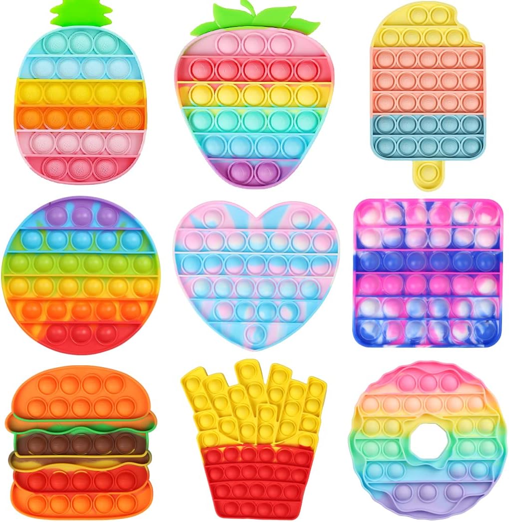 VARWANEO 9Pack Different Shape Pop Fidget Toys, Bubble Popper Sensory Toy with Popping Sound, Fidget Party Favor Gifts for Kids Stress Relief and Adults ADHD ADD Autism