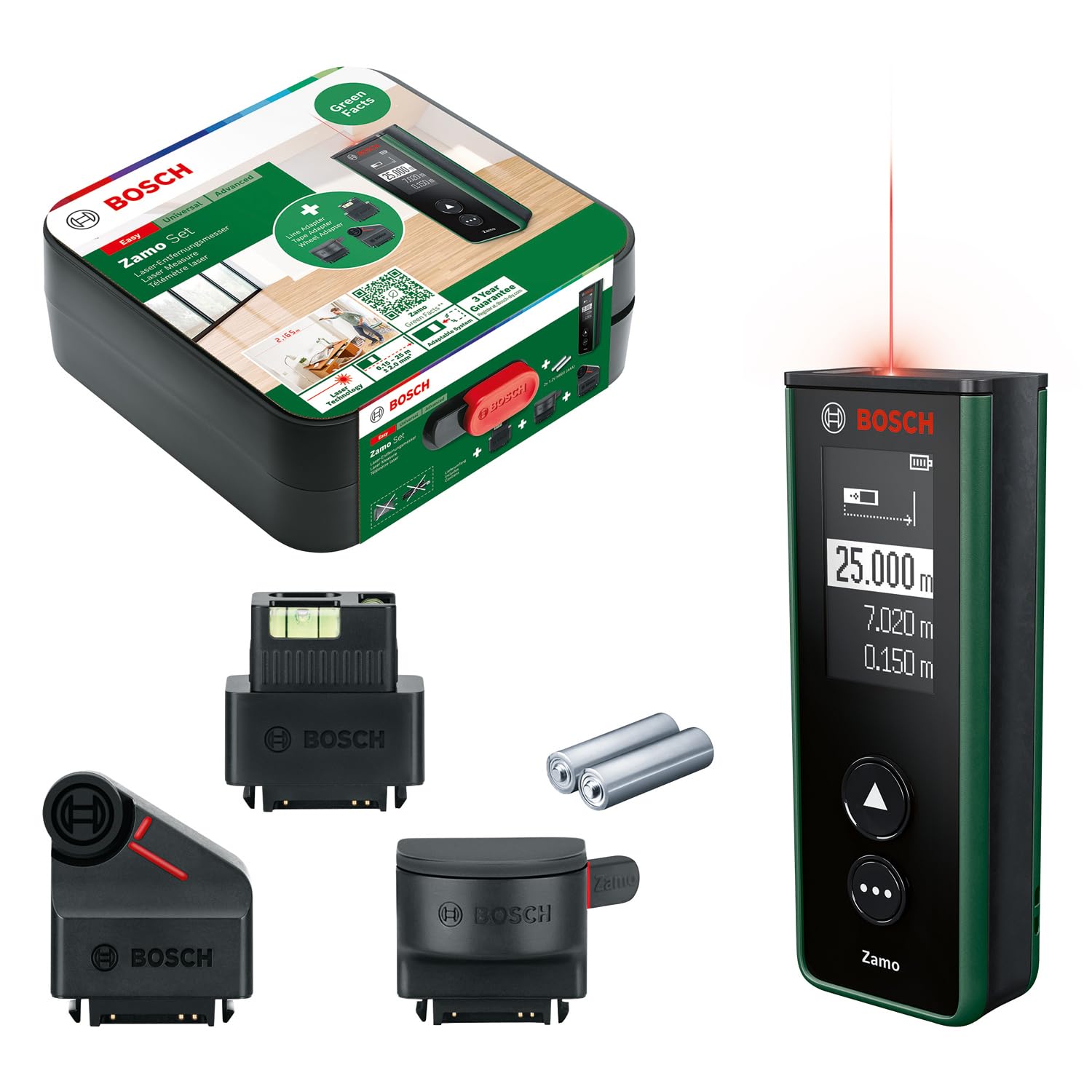 Bosch laser measure Zamo 4th gen. with 3 attachements (easy & precise measurement up to 25m, rechargeable batteries via USB-C®, with attachment function, in cardboard box)