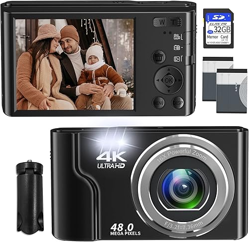 Cámara digital, cámara NIKICAM para niños de 2.7K 44MP con tarjeta SD de 32 GB, cámara de apuntar y disparar de 2.4 pulgadas con zoom digital 16X,