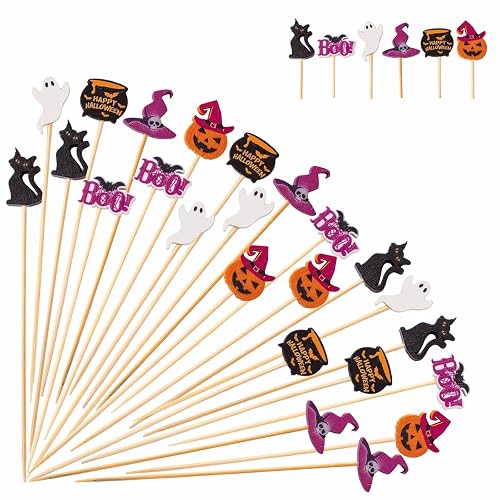 Jiesky 120pcs Halloween Cocktail Picks Halloween Theme cats boo ghosts