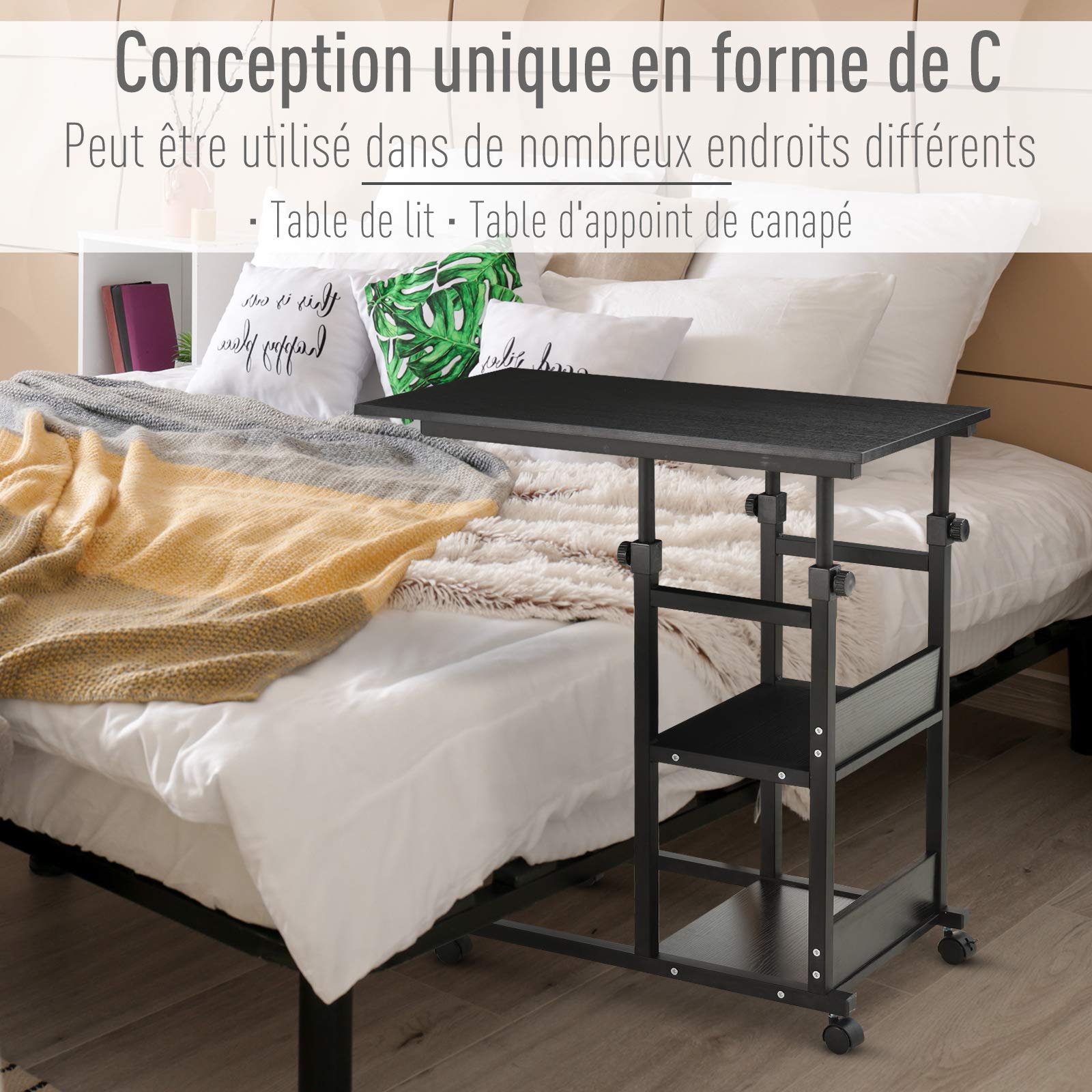 HOMCOM Tavolino da divano, tavolino da letto, per computer portatile, altezza regolabile, 2 ripiani integrati, telaio in metallo nero