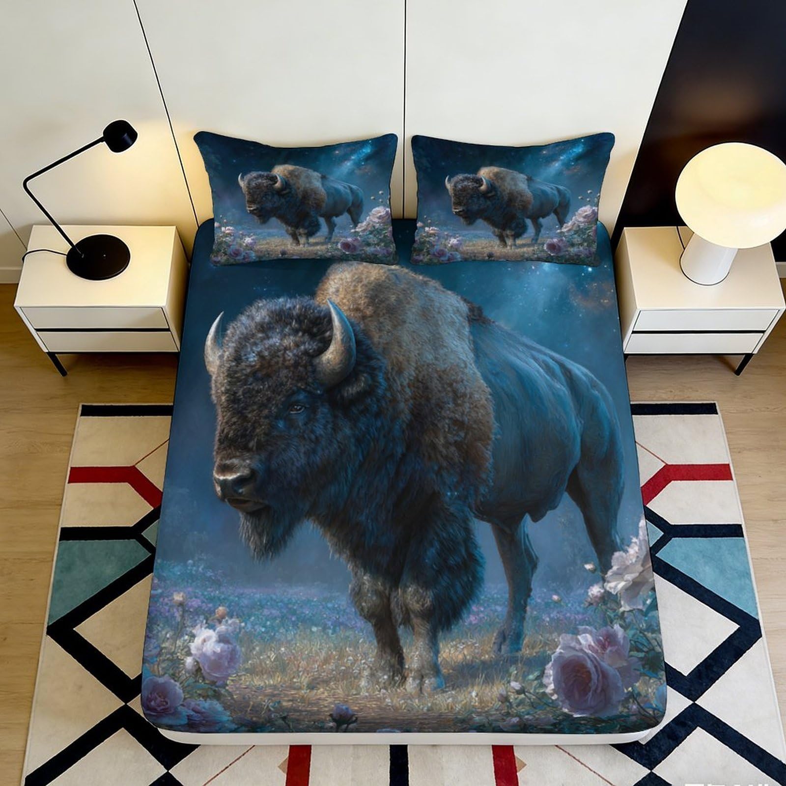 3D Printed Bison Animal Fitted Sheet Microfiber Soft Breathable Buffalo Design Mattress Cover for Bedroom Dormitory Guest Room Bed Protection Decor 140x200x25cm