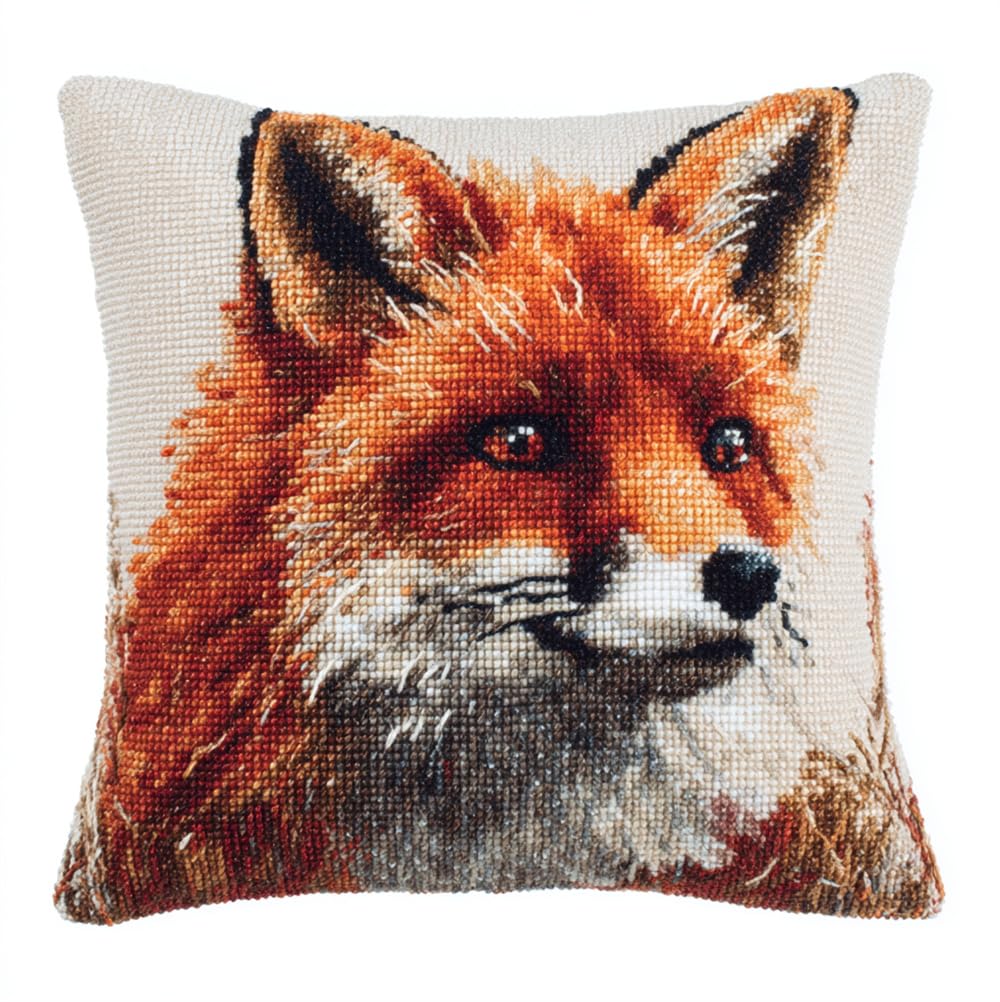 Stamped Cross-Stitch Kit W/Printed Tapestry Canvas — Red Fox 17.7X17.7In(45X45Cm) Stamped Cross-Stitch Cushion Embroidery Kits Set Beginners For Creative Home Décor — Needlework Kit For Adul