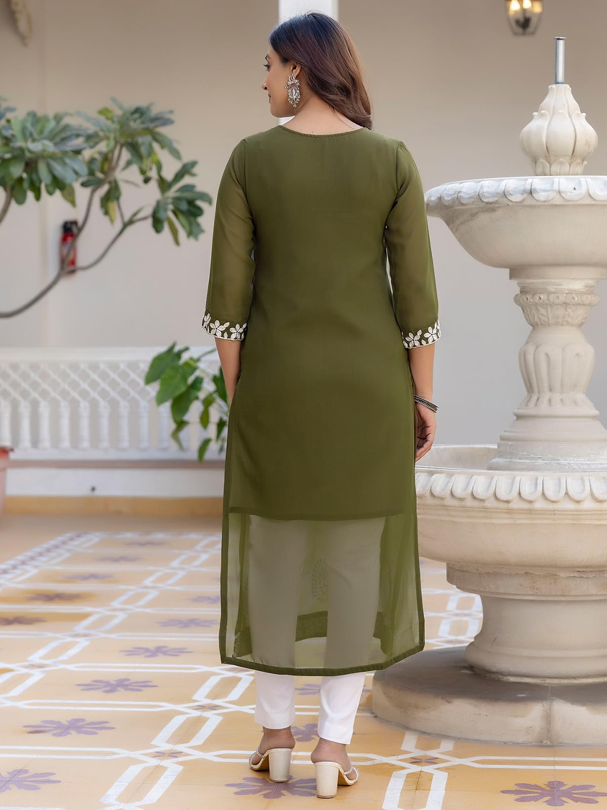 Sanisa Women's Georgette Chikankari Embroidery Straight Kurti (481K10056N-Xxl_Olive Green)