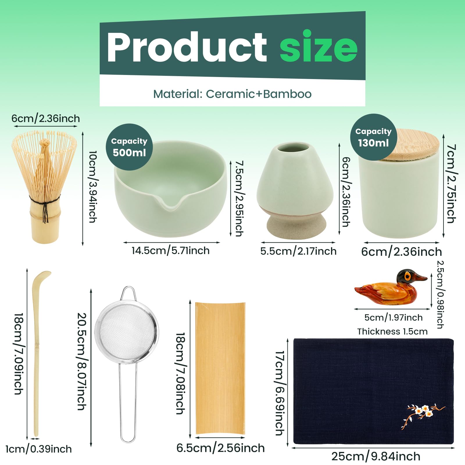 Matcha Set, 9 Stück Schneebesen Set Teelöffel Besenhalter Löffelhalter Schüssel Küchenhandtuch Sieb und Pulverbox Japanisches Matcha-Zeremonie-Zubehör (9 Zoll)