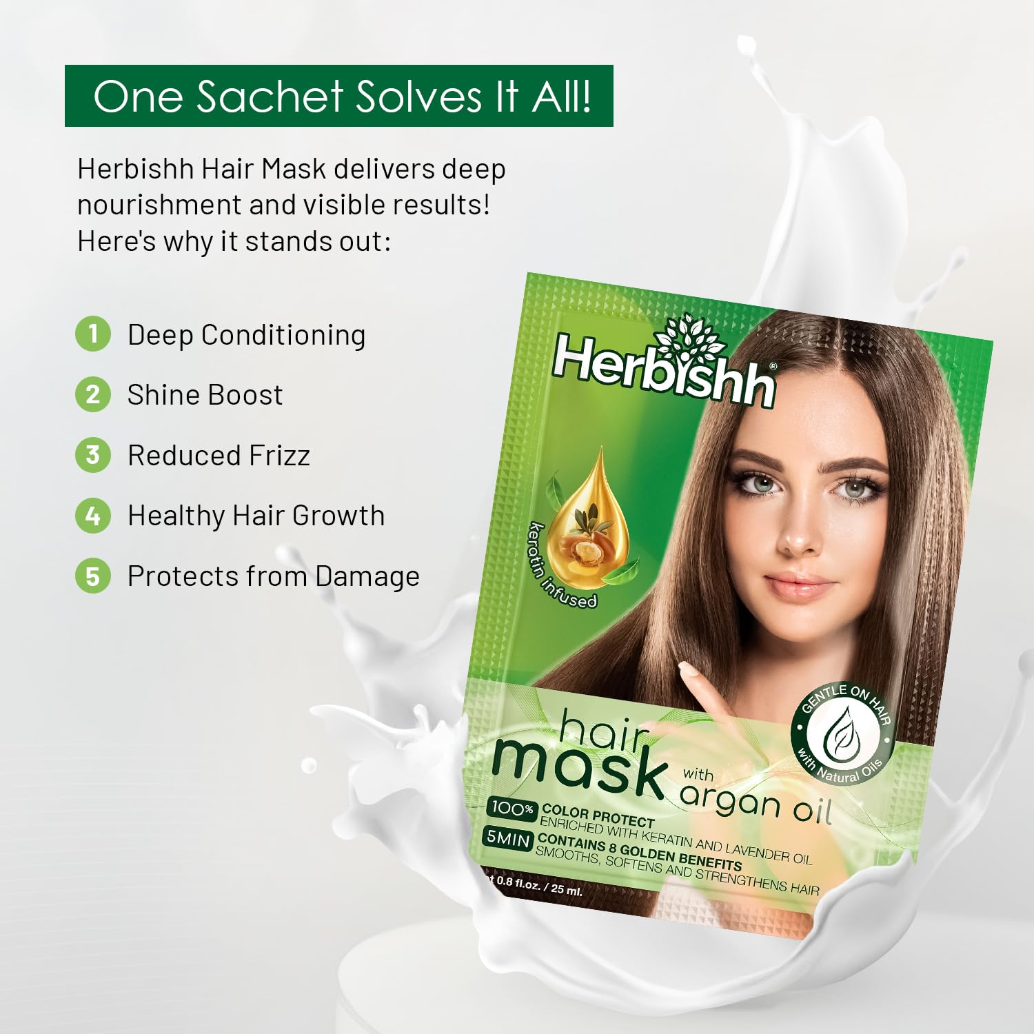 Herbishh Argan Hair Mask - Deep Conditioning & Hydration 25ml x 5 Pouches for Healthier, Nourished Hair | No Sulphates, No Parabens | Travel-Friendly Pack - Image 4