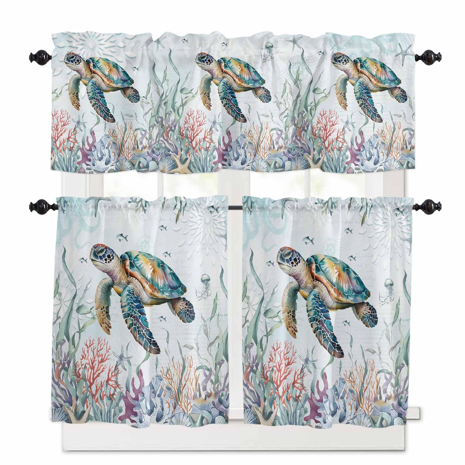 Sea Turtle Coastal Kitchen Curtains 36 Inch Length, 3 Piece Rod Pocket Small Half Tiers and Valance Set, Summer Beach Coral Ocean Seaweed Small Large Window Treatment Decor for Bedroom/Bathroom Sink