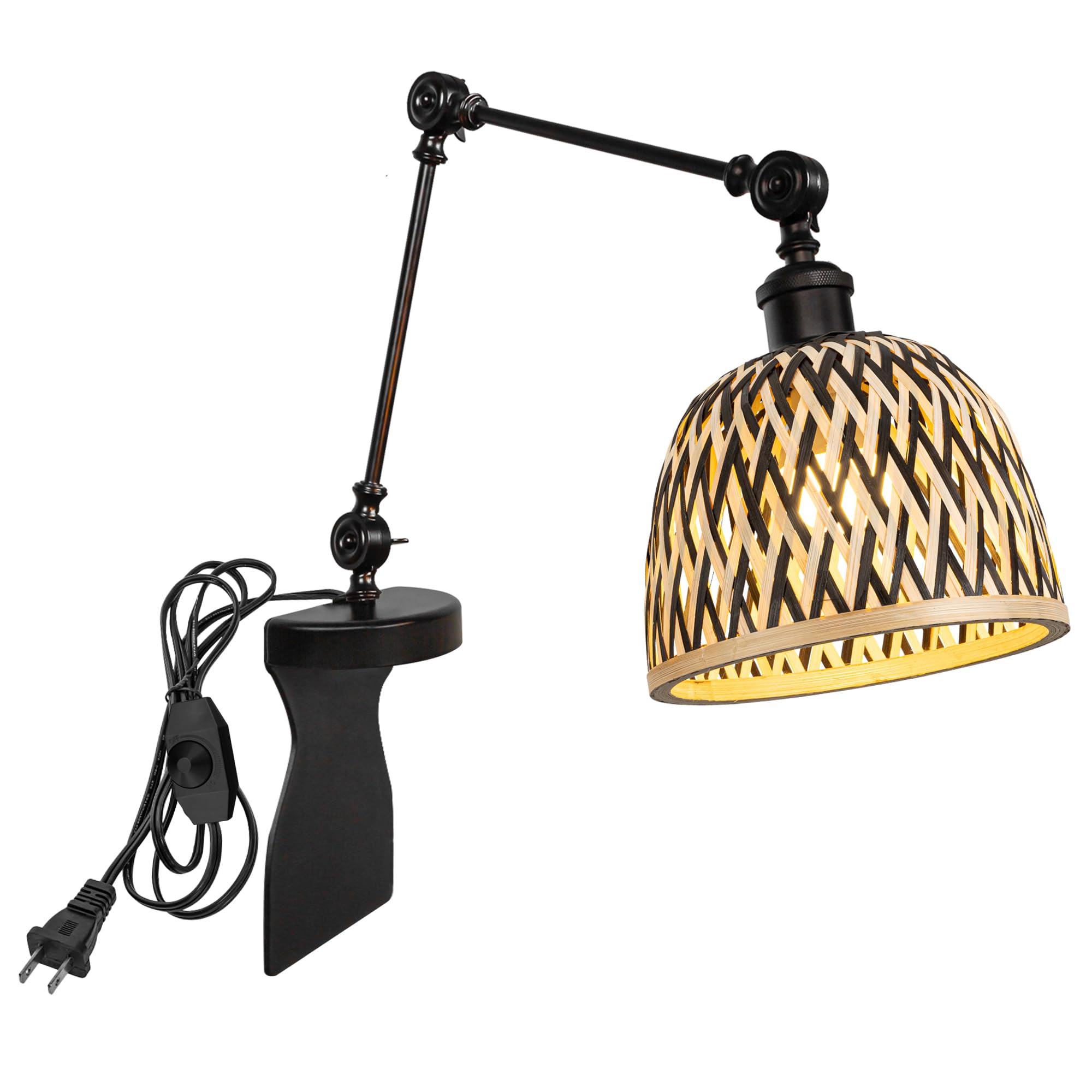 Kiven Headboard Reading Light, Dimmable No Drilling Reading Lamp, Farmhouse Rattan Nightstand Lamp with Adjustable Swing Arm, 8.2ft Cord for Reading Bedside Side Table Desk DZ0514