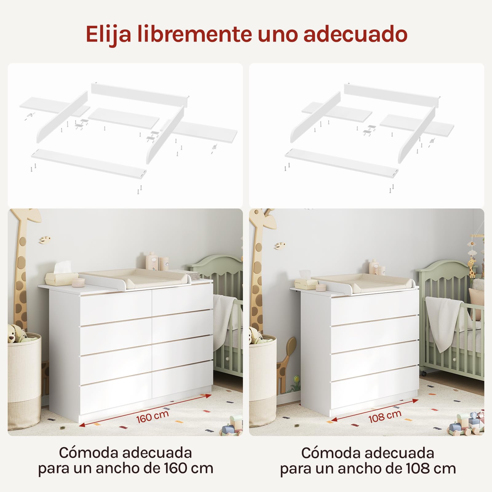 WOLTU Cambiador Accesorio para Cómoda, Tablero Cambiador de Pañales con Borde Protectora, MDF Blanco, 160x80x10 cm (Zona para Bebé 80x80 cm)