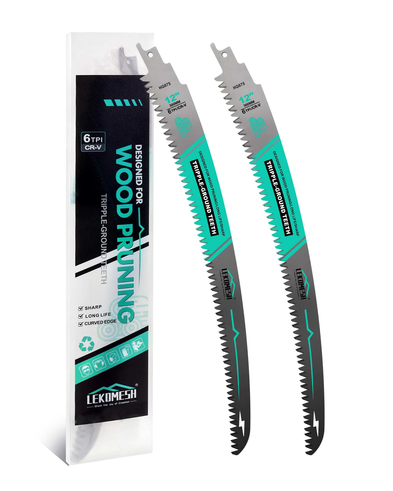 LEKOMESH 300MM Japanese Teeth Reciprocating Saw Blades Wood Pruning - 2pcs Curved Edge 6TPI for Tree Trimming, Wood/PVC Pipe Cutting, Cr-V Sabre Blades Better Wear Resistance