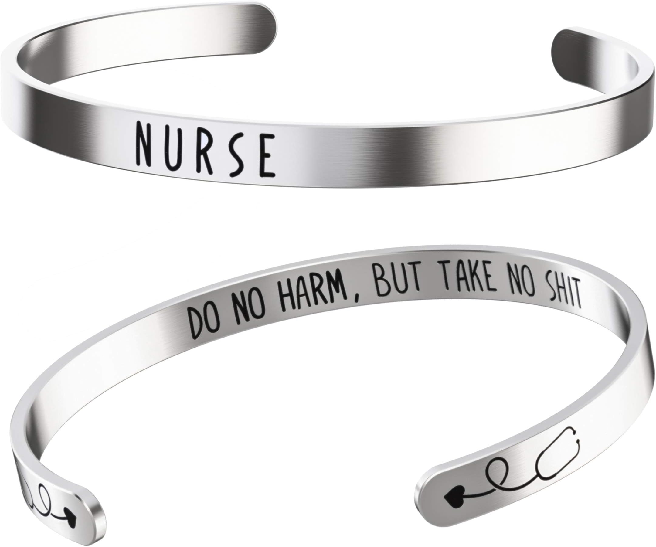 Nurse Bracelet - RN Gifts - Stainless Steel Bangle for Women Silver cuff with stethoscope - inspirational mantra daily reminder Christmas Birthday or Graduation gift