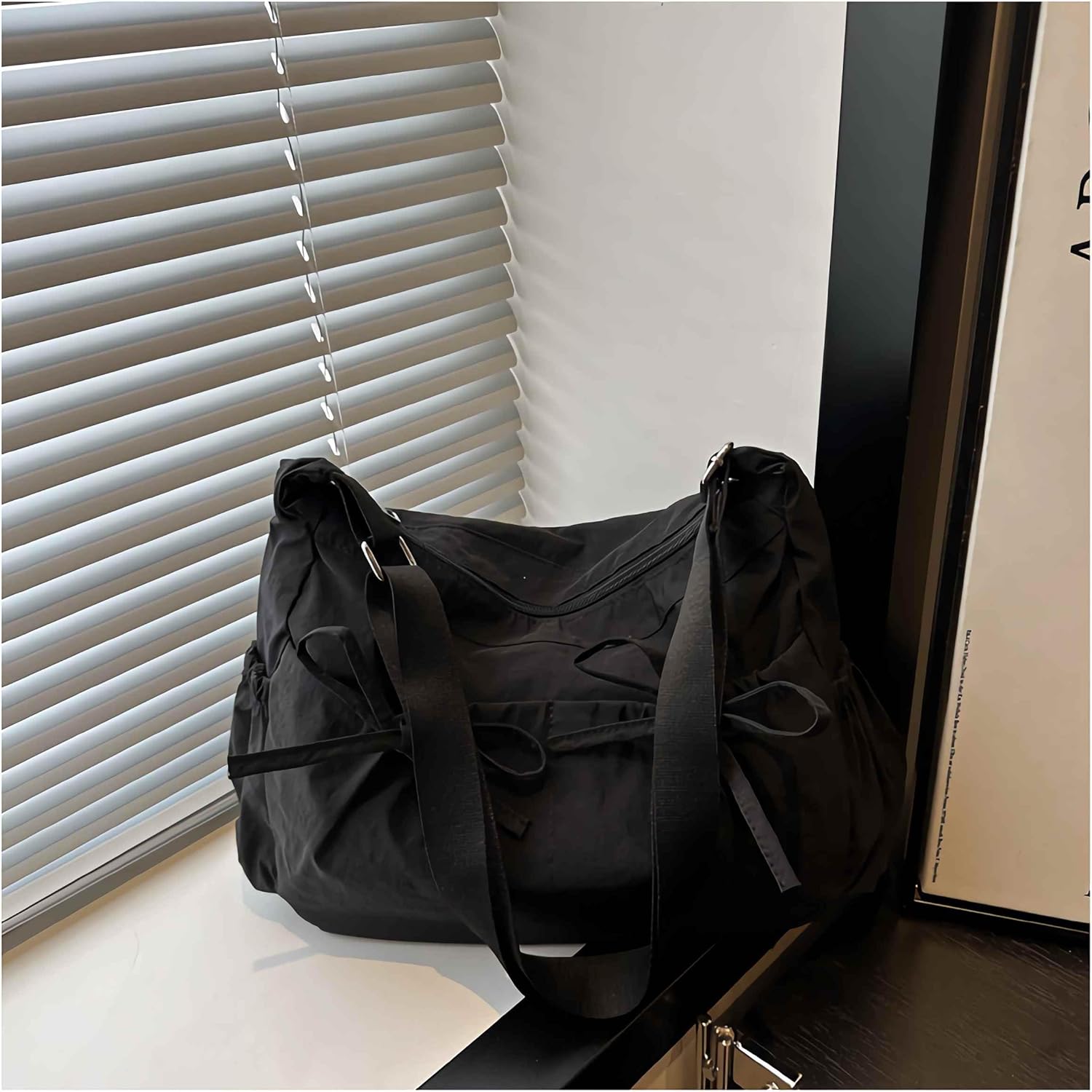 black bow coquette purse bag for women, multi pocket nylon crossbody bags, cute y2k kawaii large shoulder bag, college aesthetic trendy everyday purse - Image 8