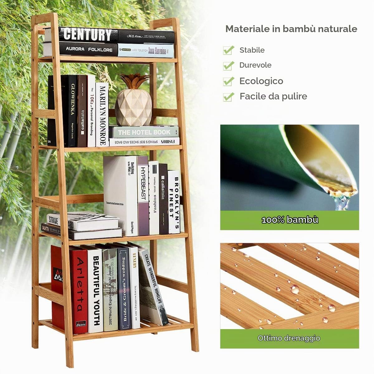 RELAX4LIFE Scaffale Porta Piante in Bambù, Supporto per Piante a 4 Strati, Espositore Impermeabile Multiuso per Giardino/Terrazza/Balcone (Naturale,48x32x115cm)