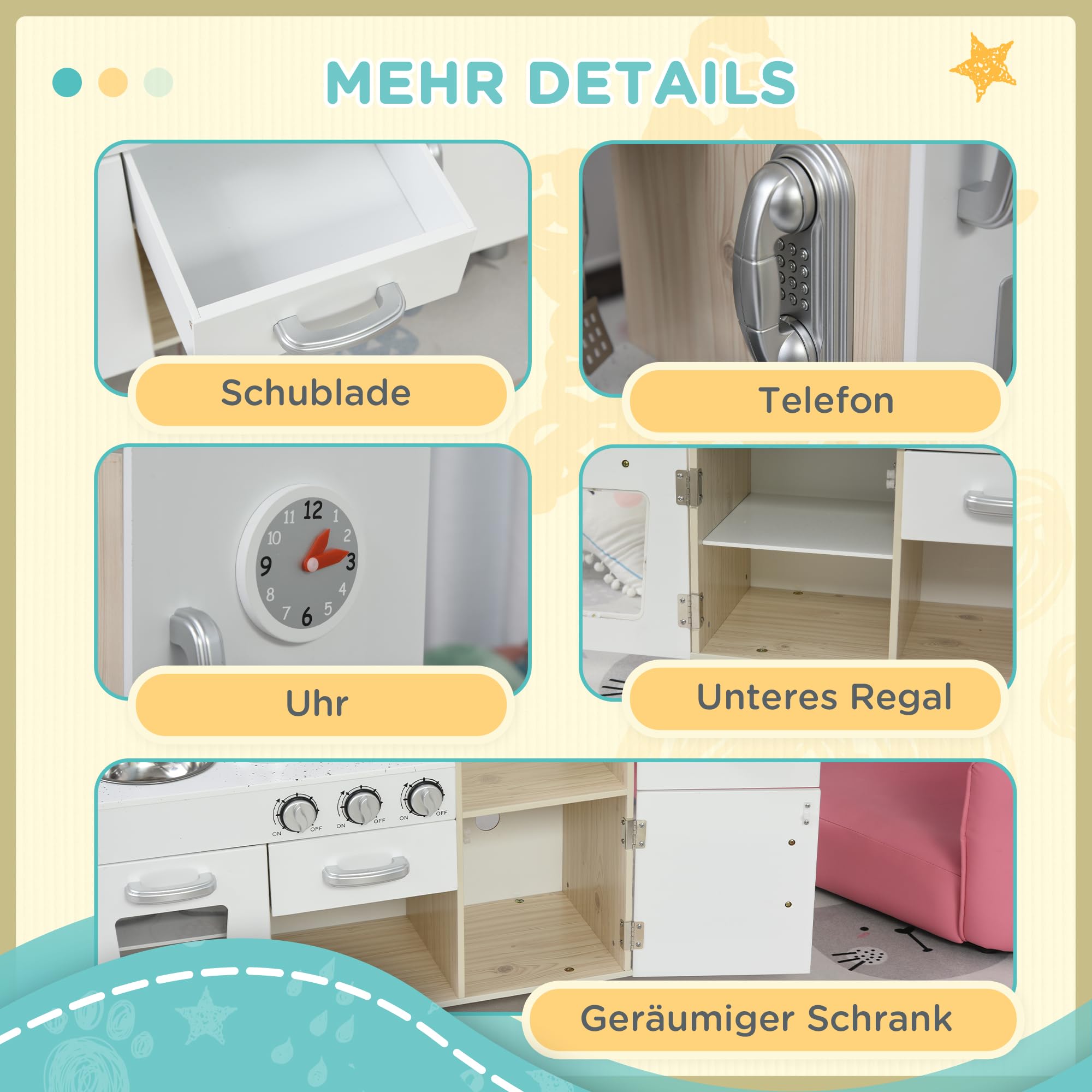 HOMCOM Kinderküche mit Ofen Spüle Kühlschrank für Kinder ab 3 Jahren Weiß | Spielküche, Puppenküche Spielset, Spielzeugküche, Geschenk für Kinder, für Mädchen Jungen