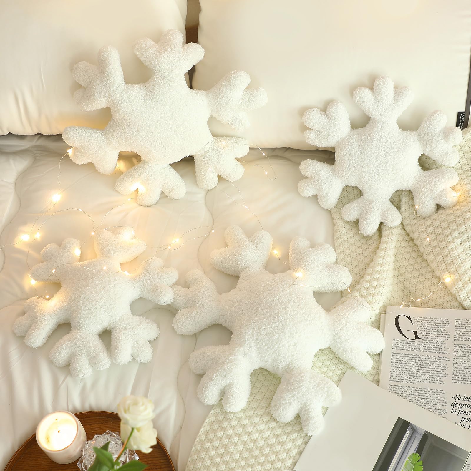 FRJINIE Snowflake Plush Pillow - White, 15.8 Inch, Cute Shaped Throw Pillow For Holiday Decor