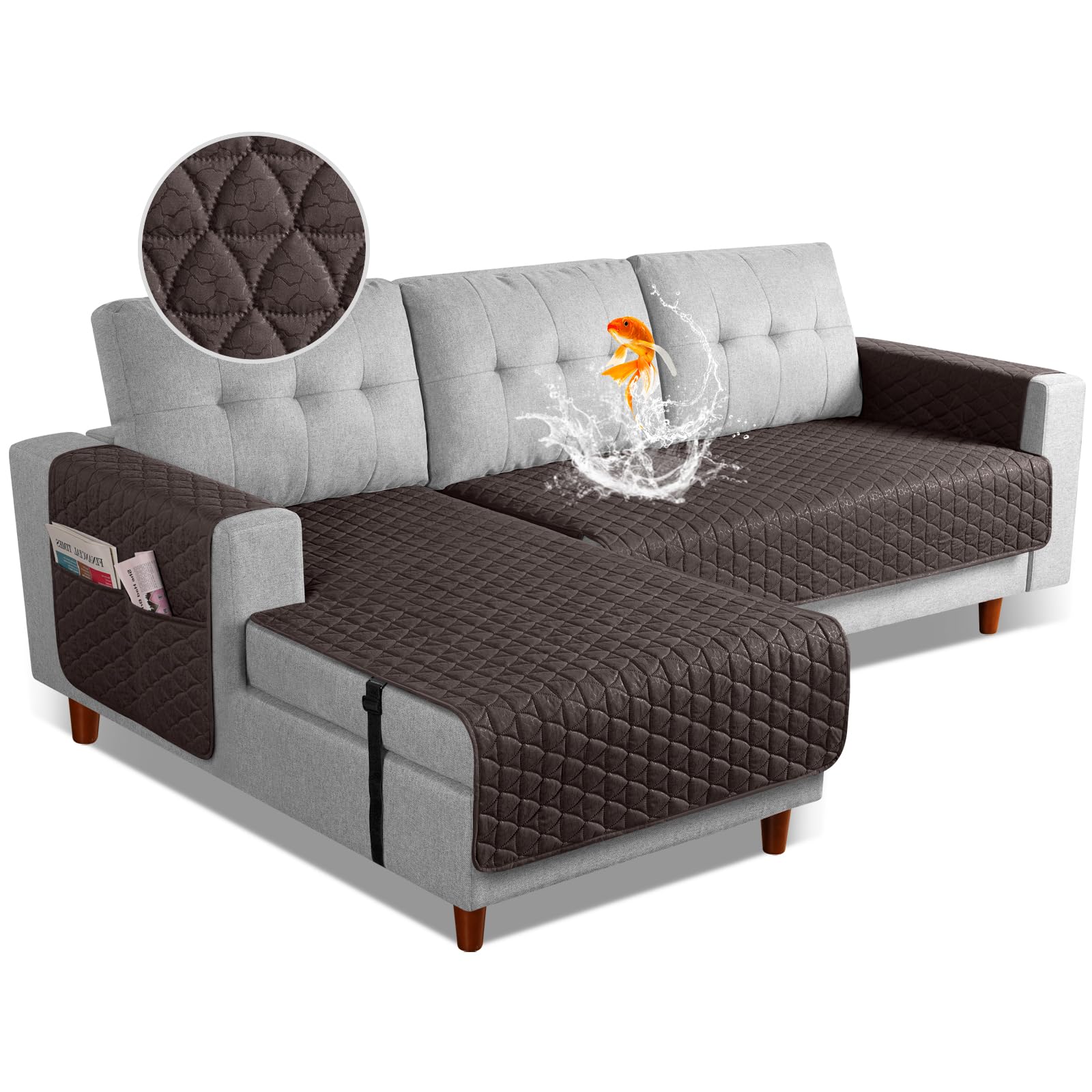 TAOCOCO Sectional Couch Covers 100% Waterproof L Shaped Sofa Covers for Left Hand Facing Chaise Lounge, 2 Pieces Couch Cover L Shape Furniture Protector Slipcover for Pets Kids, Small/Chocolate