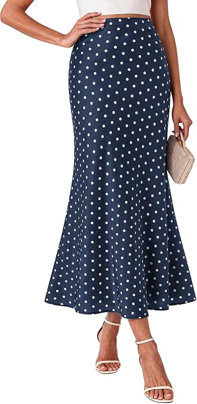 BTFBM Silk Midi Skirts for Women 2026 Summer Fall | Satin Long Skirt, Elastic High Waisted, A-Line, Leopard, Floral, Polka Dot Print, Lightweight, Going Out Date Night Outfits