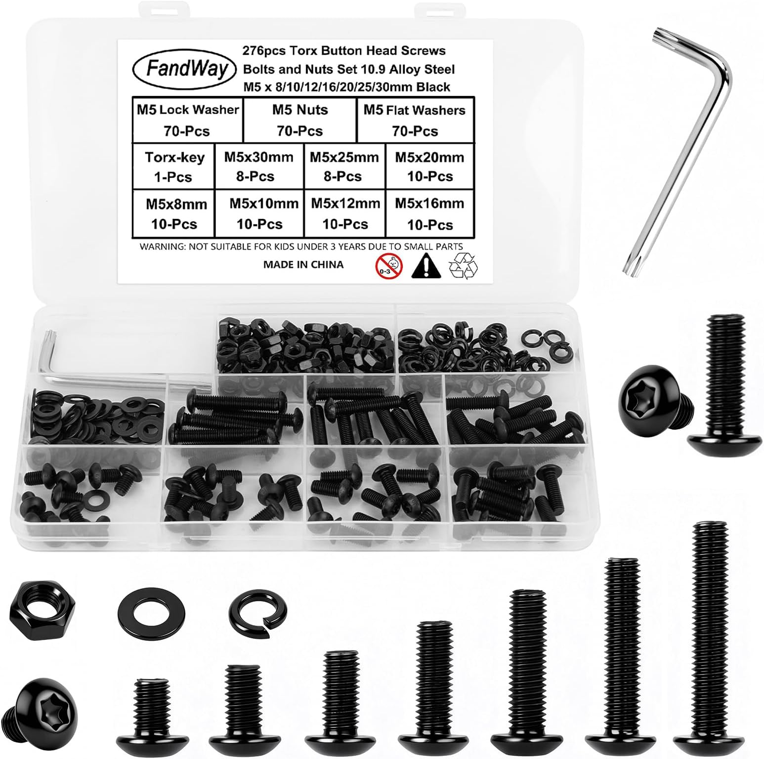 276Pcs M5 Torx Bolts and Nuts Set,Button Head Torx Bolts Screws,Pan Head Machine Screws,Security Anti-Theft Screw,Black 10.9 Grade Alloy Steel,Full Thread Pitch : 0.8 mm With T25 Wrench.