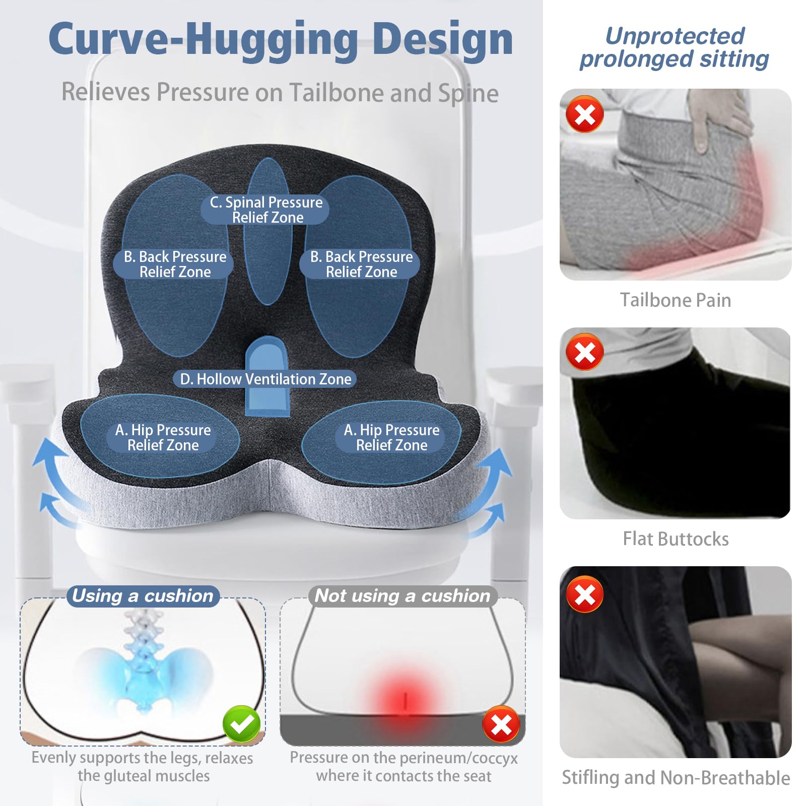 Cuscino Ortopedico a L Memory Foam per Alleviare la Pressione sul Coccige | Memory Foam e Poliestere, Per Auto e Ufficio, Fodera Lavabile, Supporto Lombare