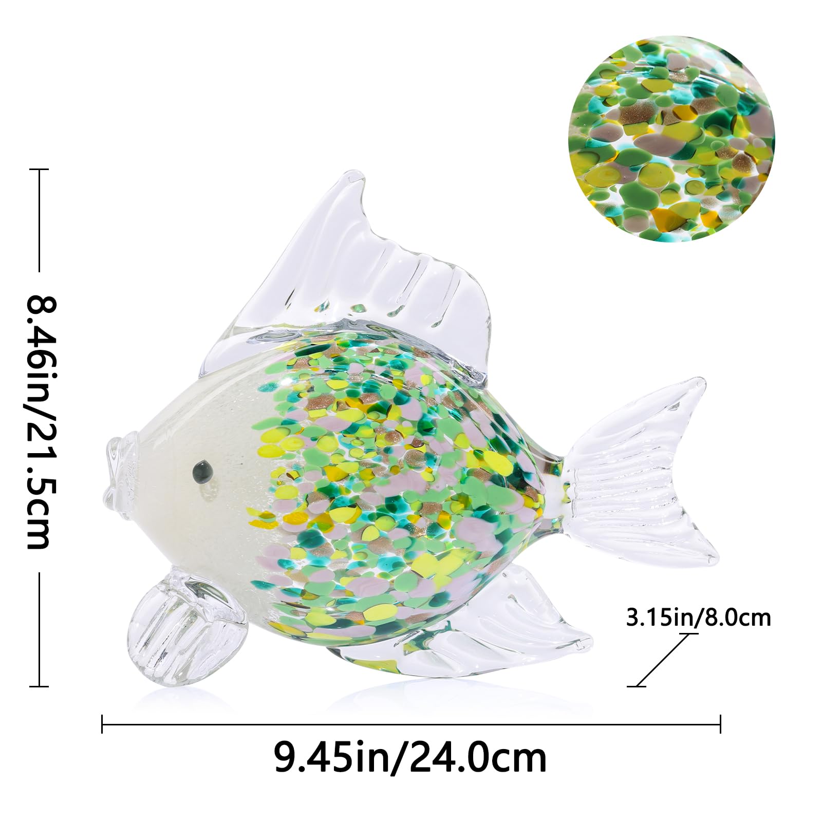 Figuras grandes de peces de vidrio soplado a mano, decoración de peces de cristal tropical, arte de cristal de mar, escultura de estatua de pez verde esmeralda, decoración moderna para el hogar, para