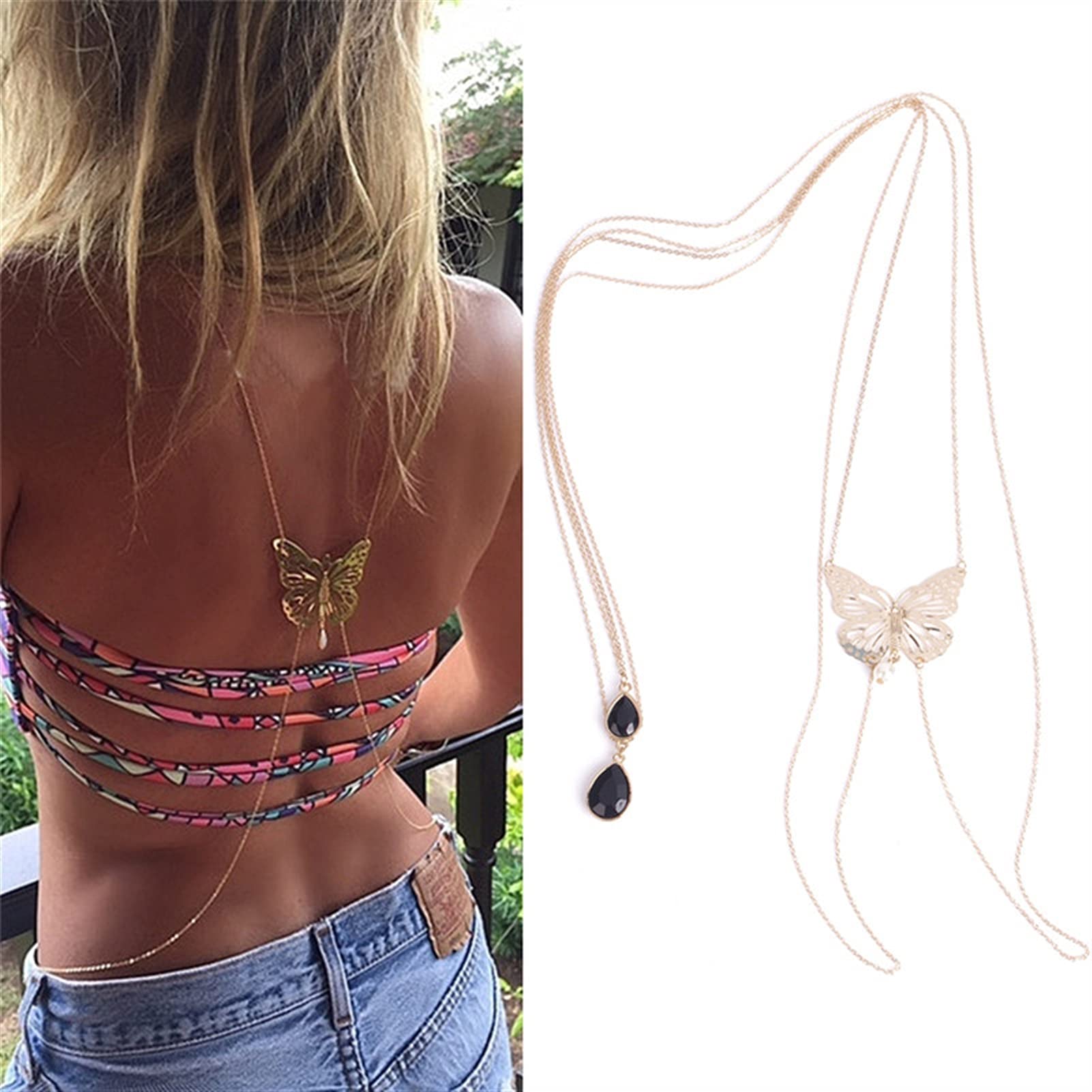 Body Chain Damen Kette - Goldfarbene einfache Strandkette mit Kreuzband für Taille und Bauch - Schwarze Harnaskette - Edler Schmuck für Damen - Accessoires