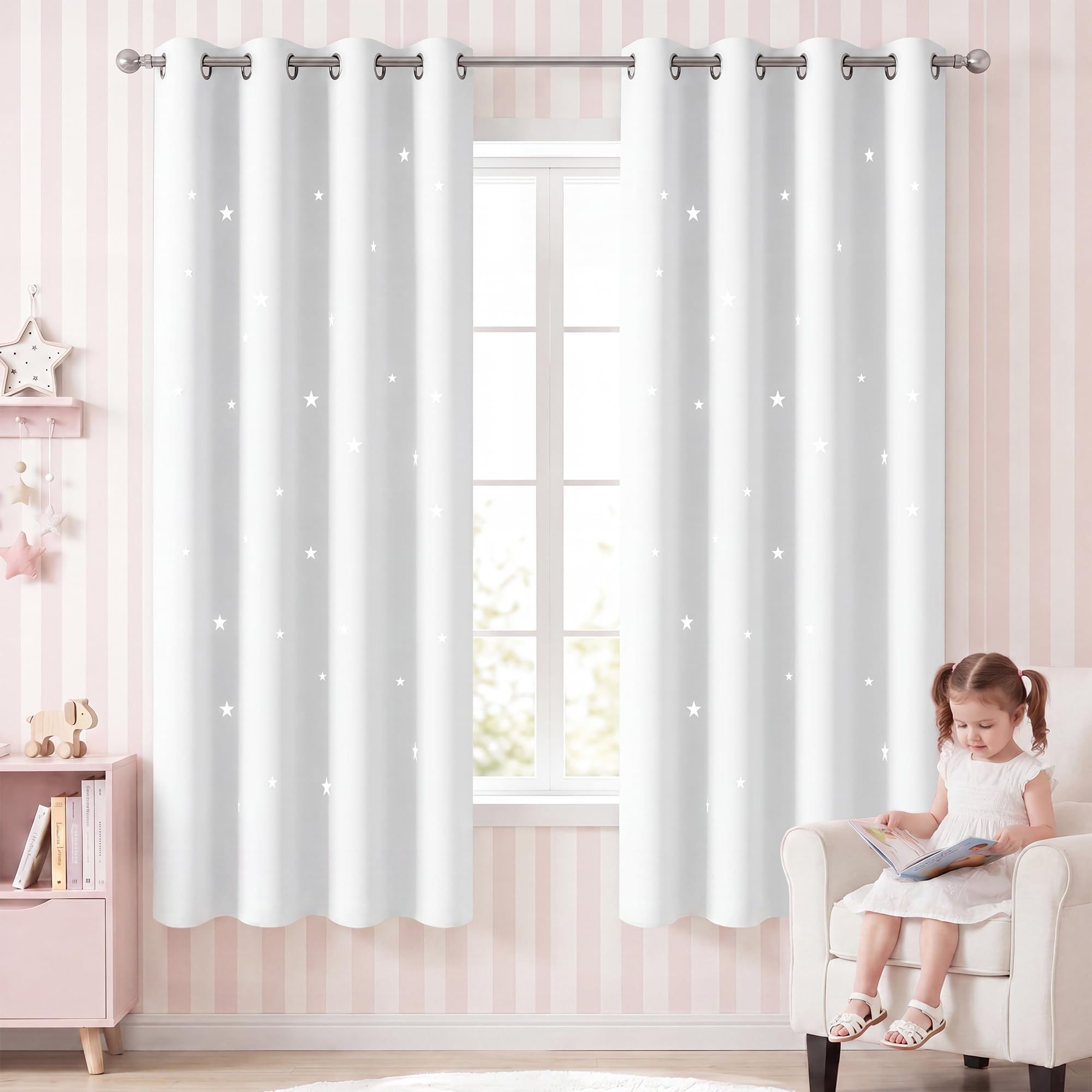NICETOWN Blackout Curtains with Stars Cut-Out, Greyish White, 52x63, 2 Pack