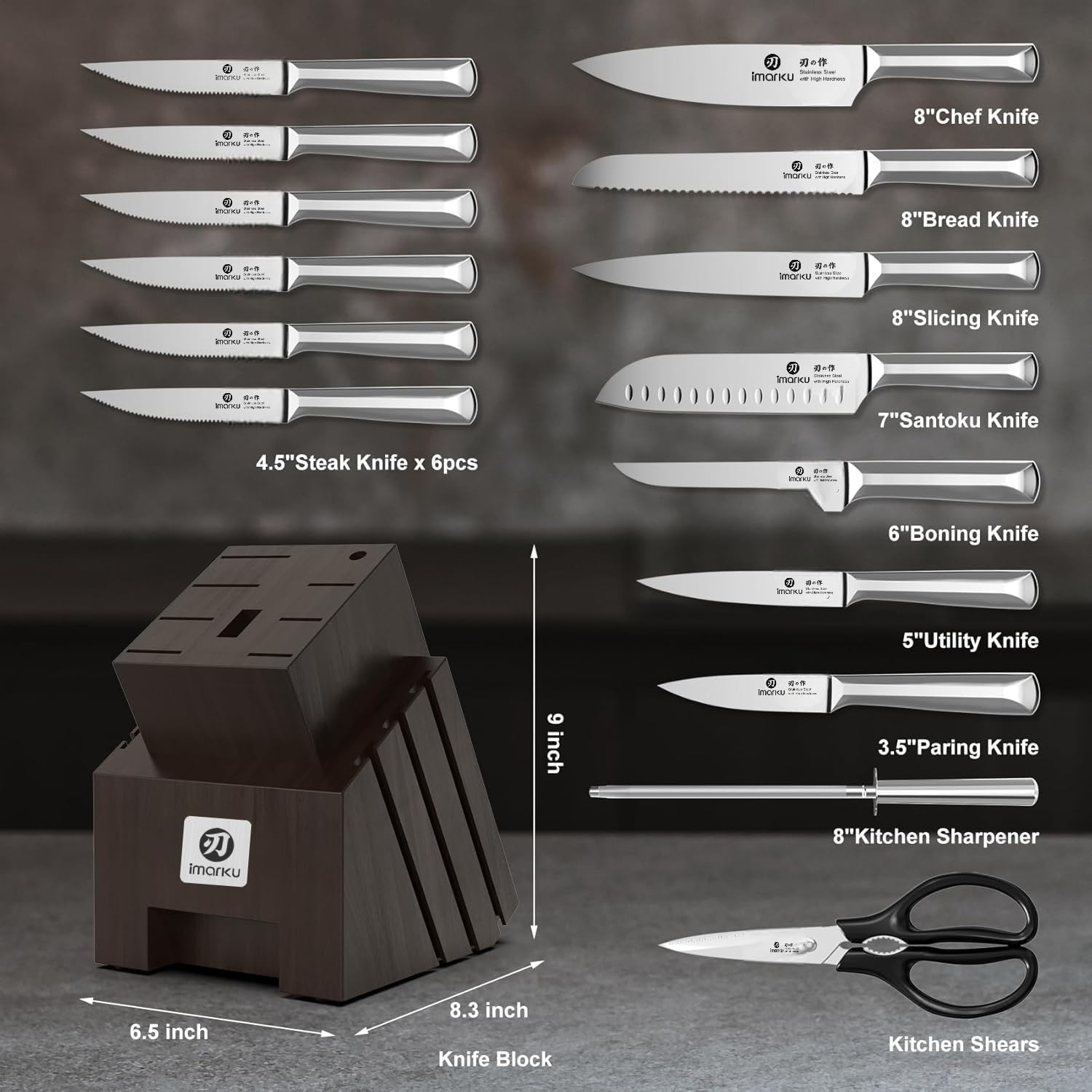 imarku Knife Set, 16 PCS High Carbon Japanese Stainless Steel Knife Sets for Kitchen with Block, Ultra Sharp Kitchen Knife Set with Sharpener Chef Knife Sets, Dishwasher Safe, Best Gifts - Image 6