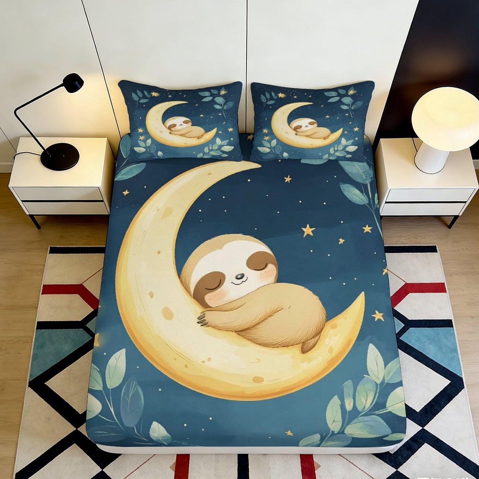 3D Printed Sloth Moon Fitted Sheet Microfiber Soft Anti-Slip Mattress Cover Star Night Decor for Bedroom Guestroom 90x200x25cm
